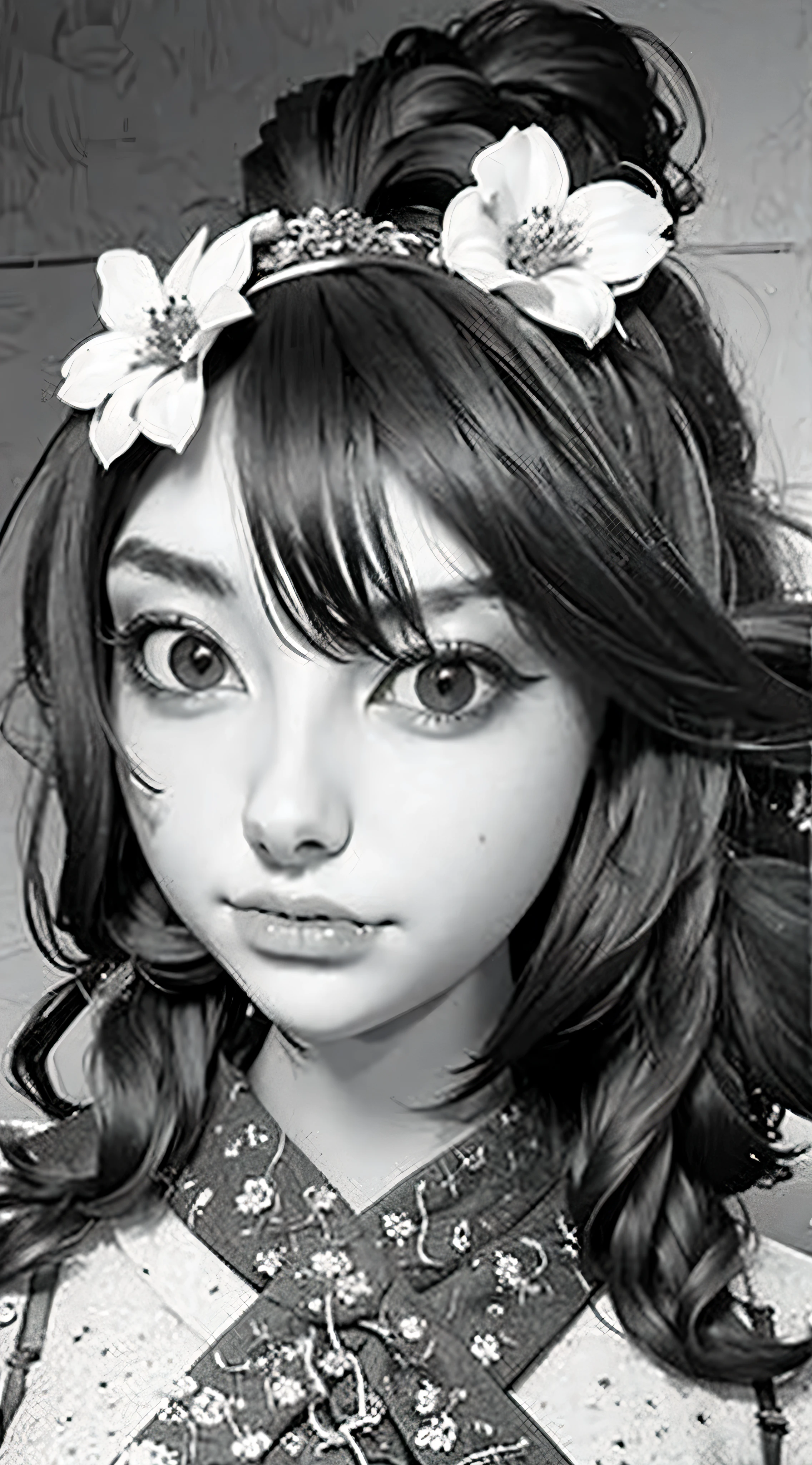 Shot from above、Monochrome tone、High Detail、Edge Detection、sharpness、High contrast、Highlight、A beautiful young girl、a small face、a small face、cleavage of the breast、Off-the-shoulder dresses、 dress、Rim Lights、Cinematic Light、ultra-wide-angle、