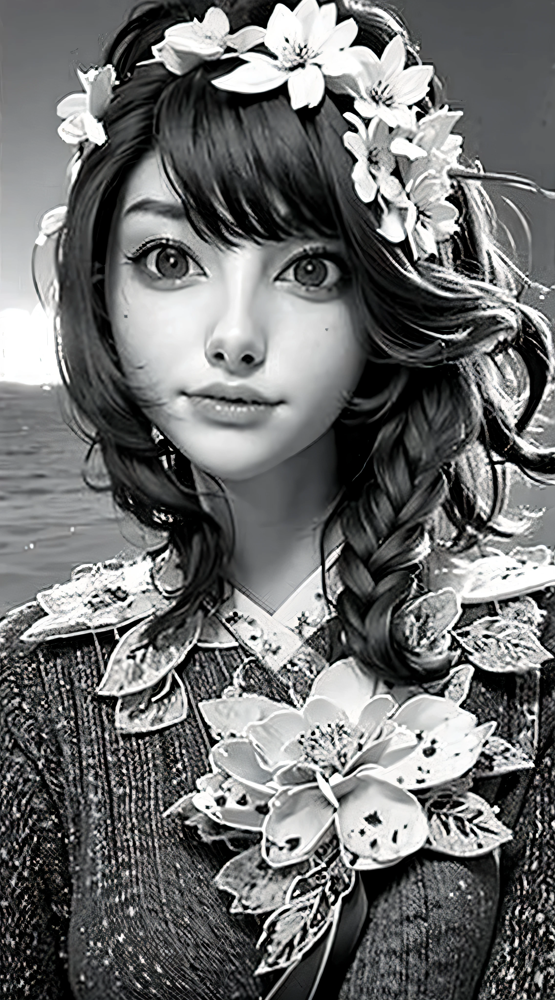 Shot from above、Monochrome tone、High Detail、Edge Detection、sharpness、High contrast、Highlight、A beautiful young girl、a small face、a small face、cleavage of the breast、Off-the-shoulder dresses、 dress、Rim Lights、Cinematic Light、ultra-wide-angle、