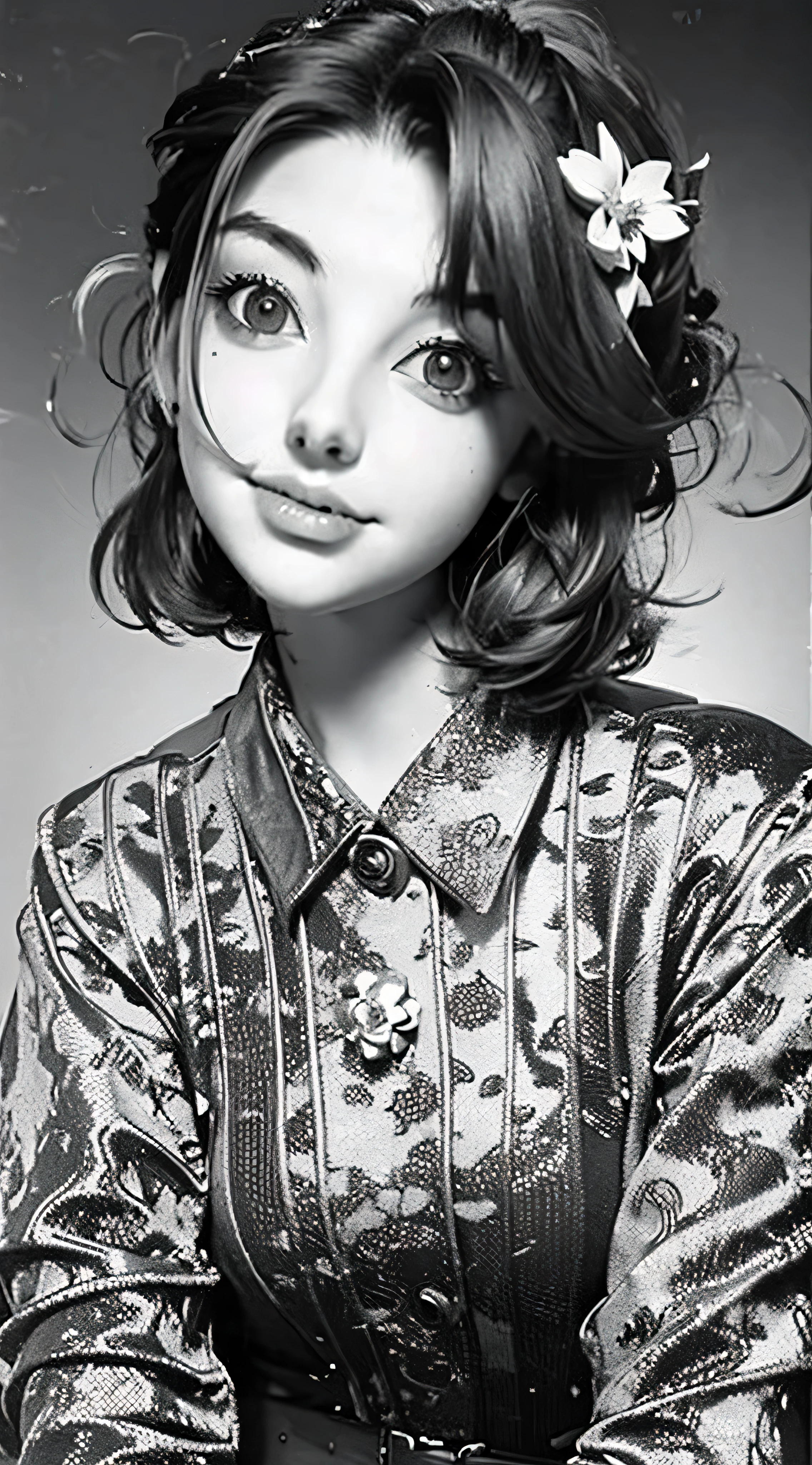 Shot from above、Monochrome tone、High Detail、Edge Detection、sharpness、High contrast、Highlight、A beautiful young girl、a small face、a small face、cleavage of the breast、Off-the-shoulder dresses、 dress、Rim Lights、Cinematic Light、ultra-wide-angle、