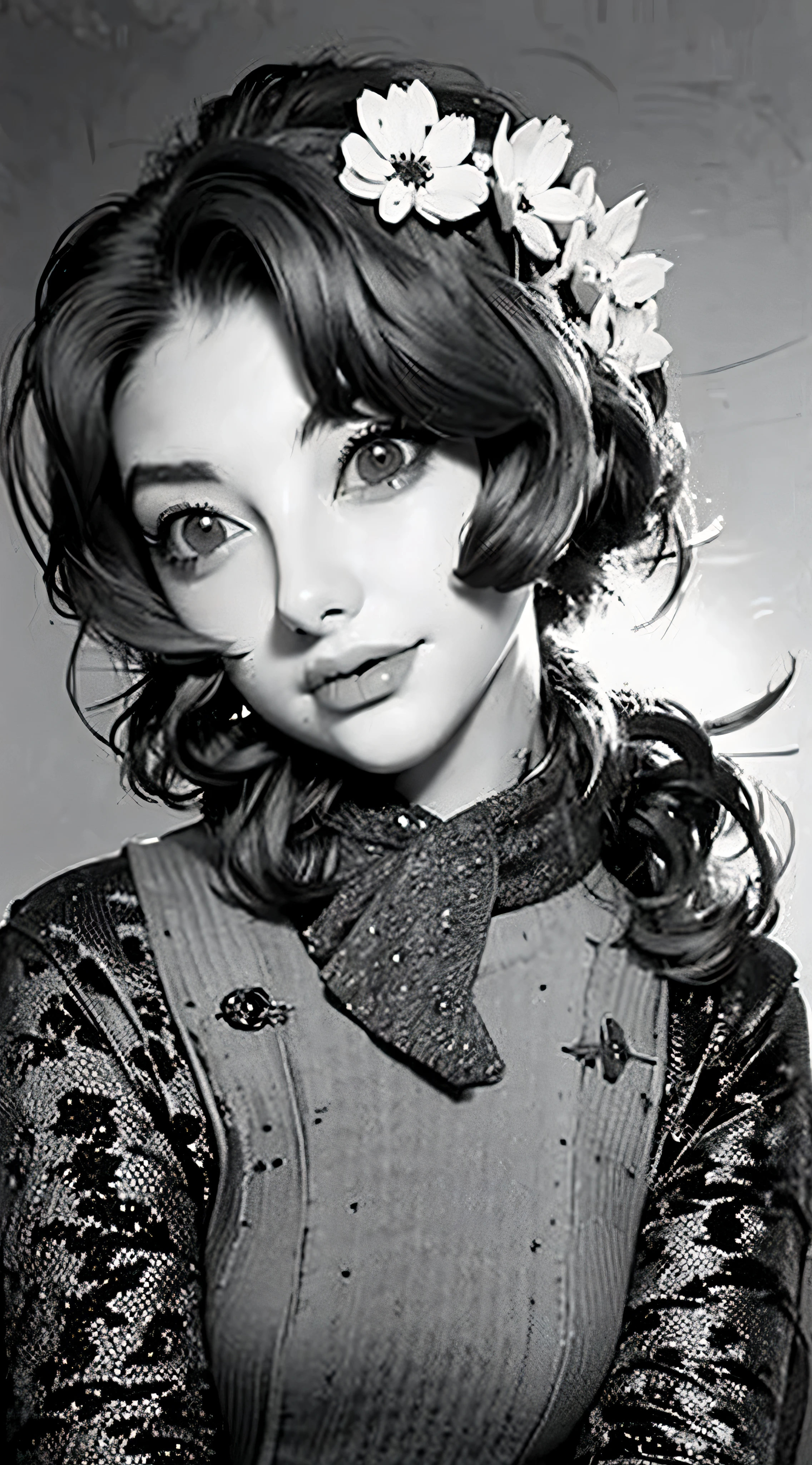 Shot from above、Monochrome tone、High Detail、Edge Detection、sharpness、High contrast、Highlight、A beautiful young girl、a small face、a small face、cleavage of the breast、Off-the-shoulder dresses、 dress、Rim Lights、Cinematic Light、ultra-wide-angle、