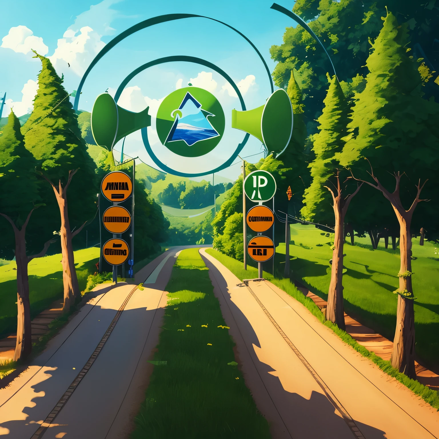 With green environmental sign and trees，2D, conceptual drawing, 概念illustration, conceptual drawing, illustration, conceptual drawing, Artwork about a road , conceptual drawing, enviromental artwork, full-colour illustration, enviroment concept, enviroment, author：Andrei Wroblewski, concept sketches