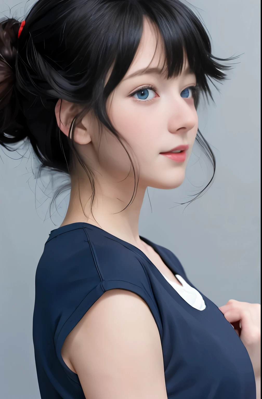 Black hair, Anime, Ghibli, Anime style, close up, From Side, One-person viewpoint, 8K, Super Detail, masutepiece,Super Detail, High quality, High resolution, high detailing, White background, Face Detail, Happiness, Curly hair, Blue eyes、Show a full body image、Red cheeks、High School Gym Clothes、Wearing bloomers