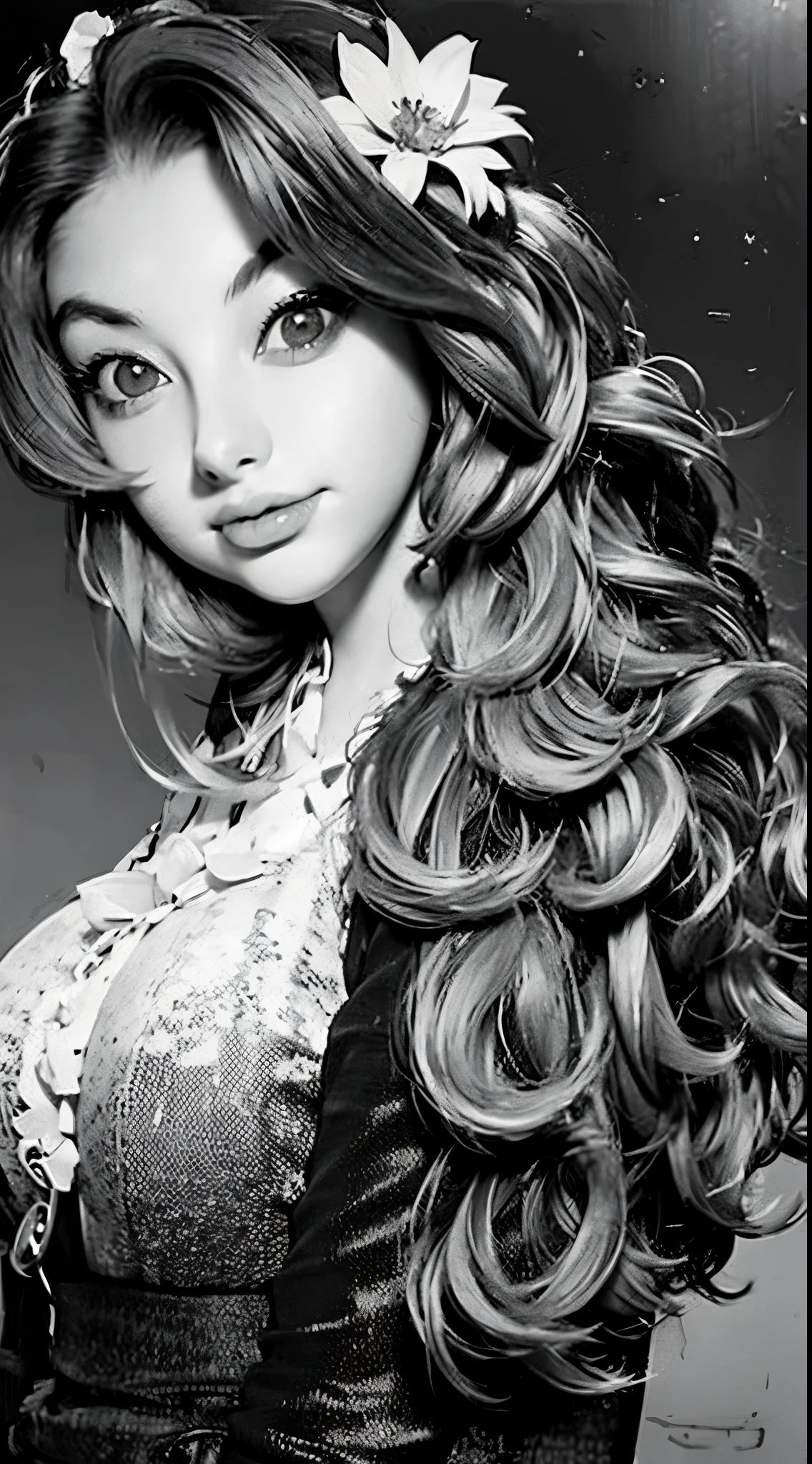 Shot from above、Monochrome tone、High Detail、Edge Detection、sharpness、High contrast、Highlight、A beautiful young girl、a small face、a small face、cleavage of the breast、Off-the-shoulder dresses、 dress、Rim Lights、Cinematic Light、ultra-wide-angle、