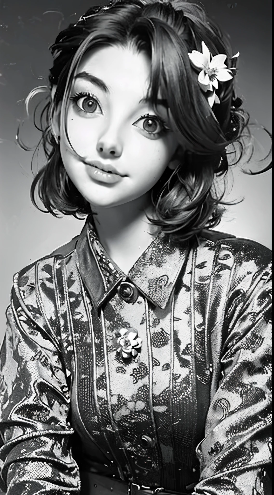 Shot from above、Monochrome tone、High Detail、Edge Detection、sharpness、High contrast、Highlight、A beautiful young girl、a small face、a small face、cleavage of the breast、Off-the-shoulder dresses、 dress、Rim Lights、Cinematic Light、ultra-wide-angle、