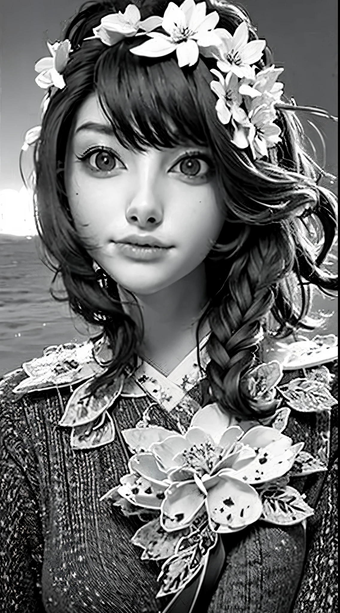 Shot from above、Monochrome tone、High Detail、Edge Detection、sharpness、High contrast、Highlight、A beautiful young girl、a small face、a small face、cleavage of the breast、Off-the-shoulder dresses、 dress、Rim Lights、Cinematic Light、ultra-wide-angle、