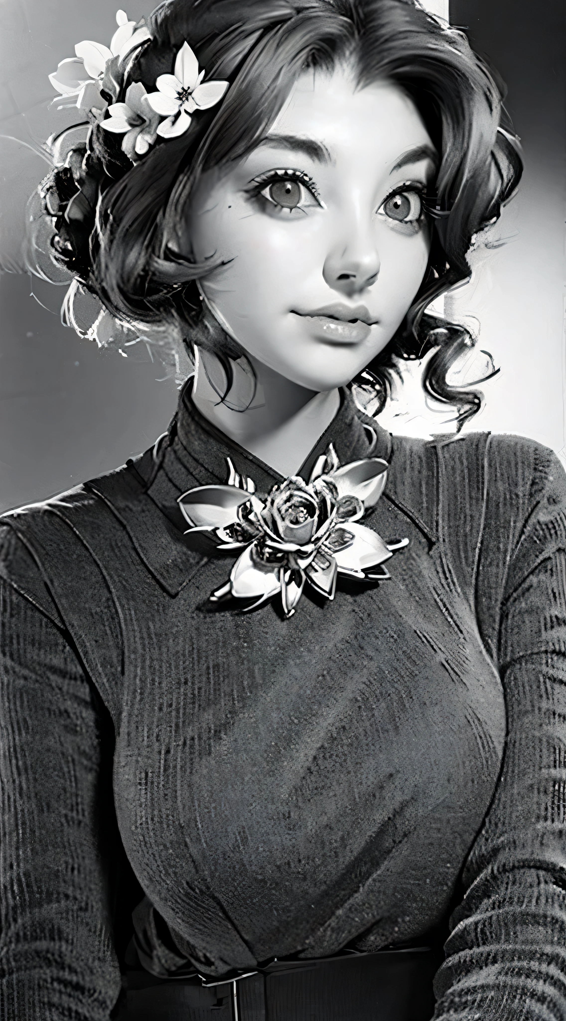Shot from above、Monochrome tone、High Detail、Edge Detection、sharpness、High contrast、Highlight、A beautiful young girl、a small face、a small face、cleavage of the breast、Off-the-shoulder dresses、 dress、Rim Lights、Cinematic Light、ultra-wide-angle、