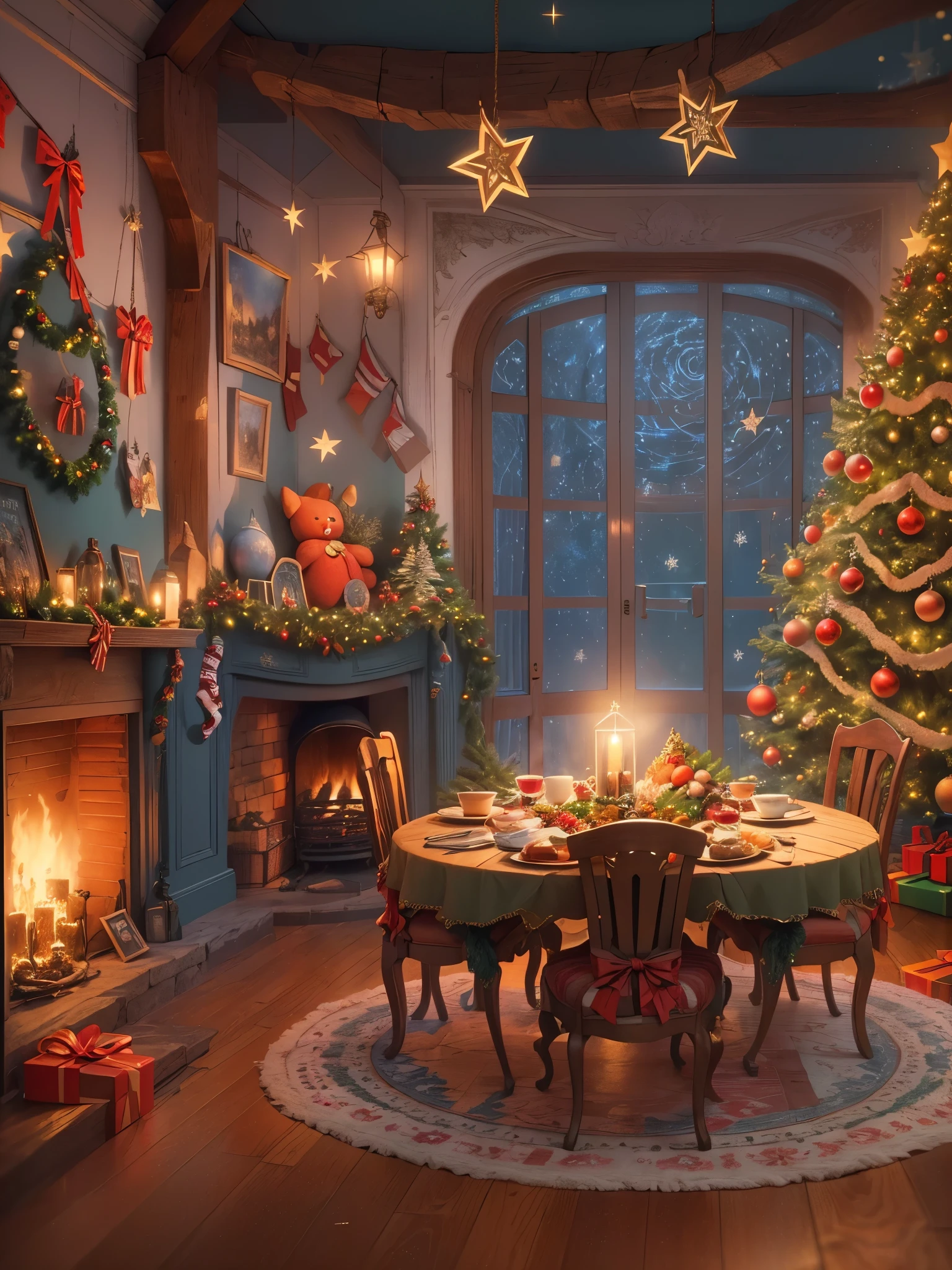 (tmasterpiece:1.2), ultra - detailed, (actual, realistically:1.37), Vibrant colors, Magical atmosphere, Whimsical, ((sky full of stars,The North Star shines)),(Use an illustration style), (European style interior house、Christmas decorations、The fireplace is warm、Lanterns hanging on the stairs、Gifts wrapped in colorful under the Christmas tree、pile of gifts on the floor、wooden floor、Decorated pine tree、镶wooden floor、mantel、red and green、Christmas atmosphere、traditional christmaestive atmosphere、chaleureux、joyeux Noel、gift tag、Christmas wreath、decorations、metal ribbon、Christmas tree lights、Confectionery,Gingerbread Man,lamplight)、(房间布置得有浓浓的Christmas atmosphere. A string of shining colored lights hangs on the wall, 窗台上放着Christmas wreath和小雪人, In the corner of the room stands a beautifully decorated Christmas tree). (On a table, There are beautiful cutlery and red plates. In the center of the table, Have a sumptuous Christmas feast, Next to it is a bottle of red wine and two exquisite wine glasses, Brings warmth and comfort to the entire room). (Ghibli-style colors, first person perspective, hyper HD, tmasterpiece, acurate, Anatomically correct, ctextured skin, super detailing, high detal, high qulity, Award-Awarded, Best quality at best, 8K))), hyper realisitc的, Psychedelic, Complicated details, Beautiful texture, Ethereal, like a dream, Soft glowing light, Charming Patterns, Fantasy creatures, Hidden surprises, dreamlike landscapes, hyper realisitc的 color palette, Mystic aura, hyper realisitc, Enchanting journey, psychedelic trip, vivid imagination, immersive experience, mysterious creature, otherworldly charm, glowing paths, Light up a magical Christmas, hyper realisitc的天空, Whimsical theme park, a magical encounter,Fascinating artwork,(Ultra-high saturation,Bright and bright: 1.8), (Ultra-high saturation,Bright and bright: 1.8)
