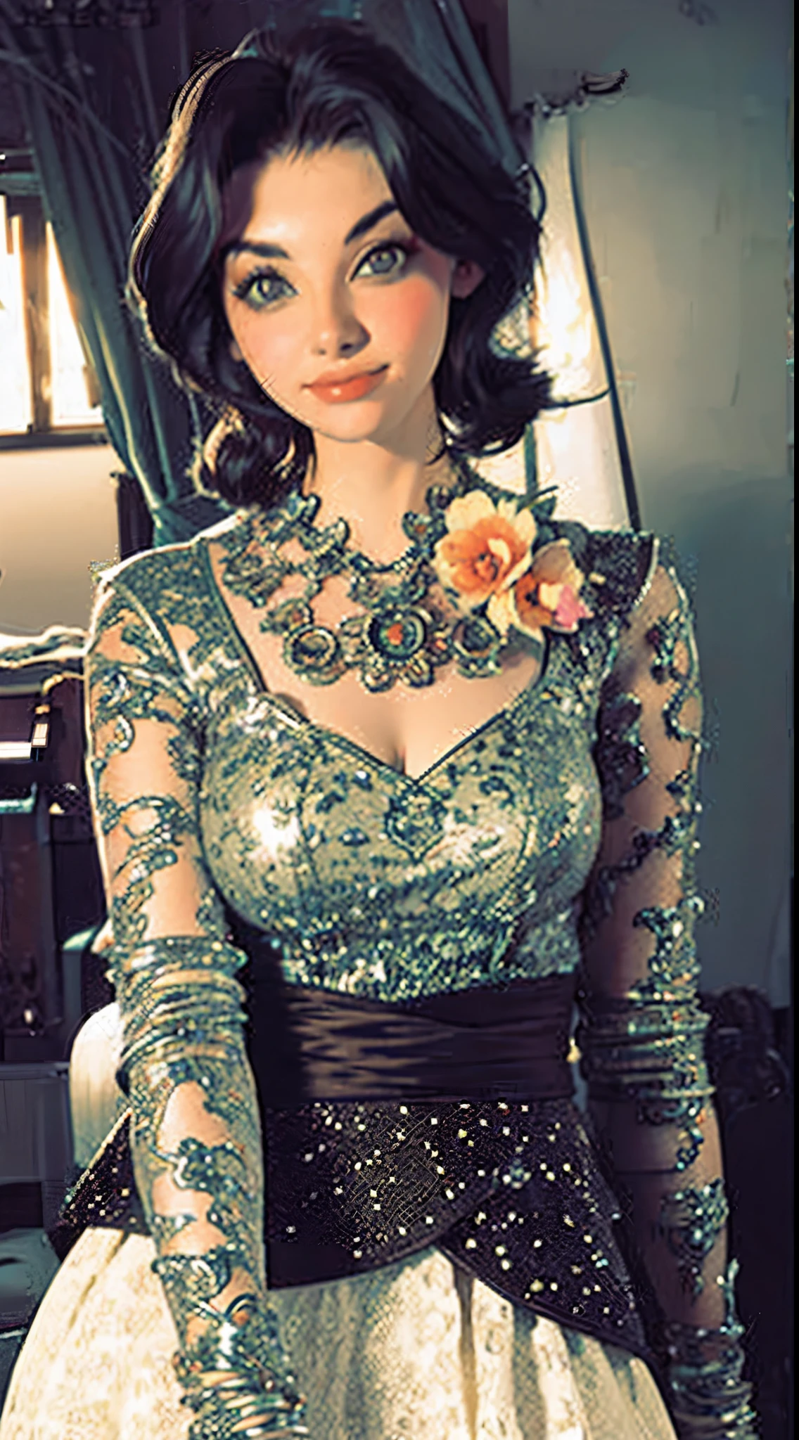 Shot from above、Monochrome tone、High Detail、Edge Detection、sharpness、High contrast、Highlight、A beautiful young girl、a small face、a small face、cleavage of the breast、Off-the-shoulder dresses、 dress、Rim Lights、Cinematic Light、ultra-wide-angle、