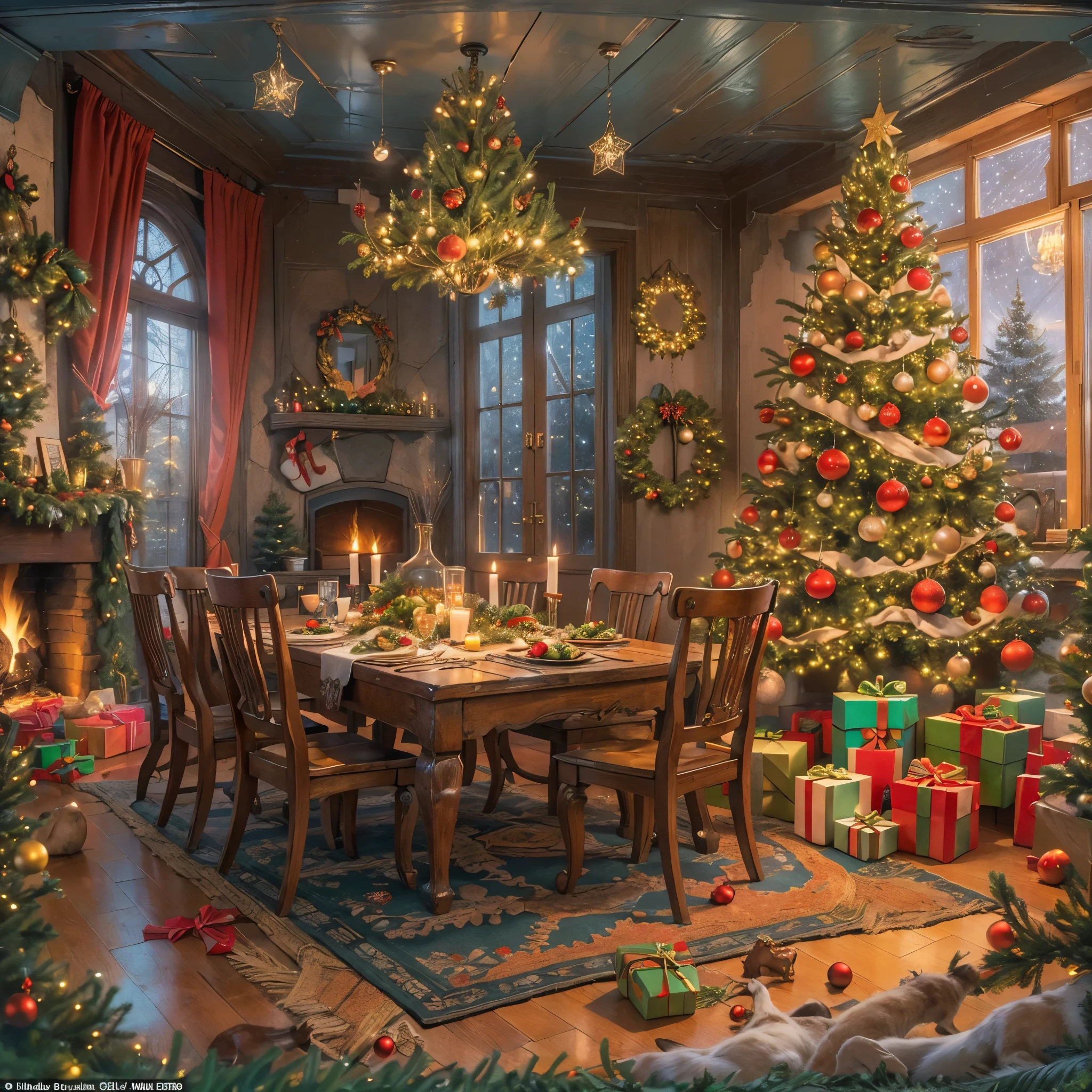 (tmasterpiece:1.2), ultra - detailed, (actual, realistically:1.37), Vibrant colors, Magical atmosphere, Whimsical, ((sky full of stars，The North Star shines))，(Use an illustration style), (European style interior house、Christmas decorations、The fireplace is warm、Lanterns hanging on the stairs、Gifts wrapped in colorful  under the Christmas tree、pile of gifts on the floor、wooden floor、Decorated pine tree、镶wooden floor、mantel、red and green、Christmas atmosphere、traditional christmaestive atmosphere、chaleureux、joyeux Noel、gift tag、Christmas wreath、decorations、metal ribbon、Christmas tree lights、Confectionery，Gingerbread Man，lamplight)、(房间布置得有浓浓的Christmas atmosphere. A string of shining colored lights hangs on the wall, 窗台上放着Christmas wreath和小雪人, In the corner of the room stands a beautifully decorated Christmas tree). (On a table, There are beautiful cutlery and red plates. In the center of the table, Have a sumptuous Christmas feast, Next to it is a bottle of red wine and two exquisite wine glasses, Brings warmth and comfort to the entire room). (Ghibli-style colors, first person perspective, hyper HD, tmasterpiece, acurate, Anatomically correct, ctextured skin, super detailing, high detal, high qulity, Award-Awarded, Best quality at best, 8K))), hyper realisitc的, Psychedelic, Complicated details, Beautiful texture, Ethereal, like a dream, Soft glowing light, Charming Patterns, Fantasy creatures, Hidden surprises, dreamlike landscapes, hyper realisitc的 color palette, Mystic aura, hyper realisitc, Enchanting journey, psychedelic trip, vivid imagination, immersive experience, mysterious creature, otherworldly charm, glowing paths, Light up a magical Christmas, hyper realisitc的天空, Whimsical theme park, a magical encounter,Fascinating artwork，（Ultra-high saturation，Bright and bright: 1.8）, （Ultra-high saturation，Bright and bright: 1.8）