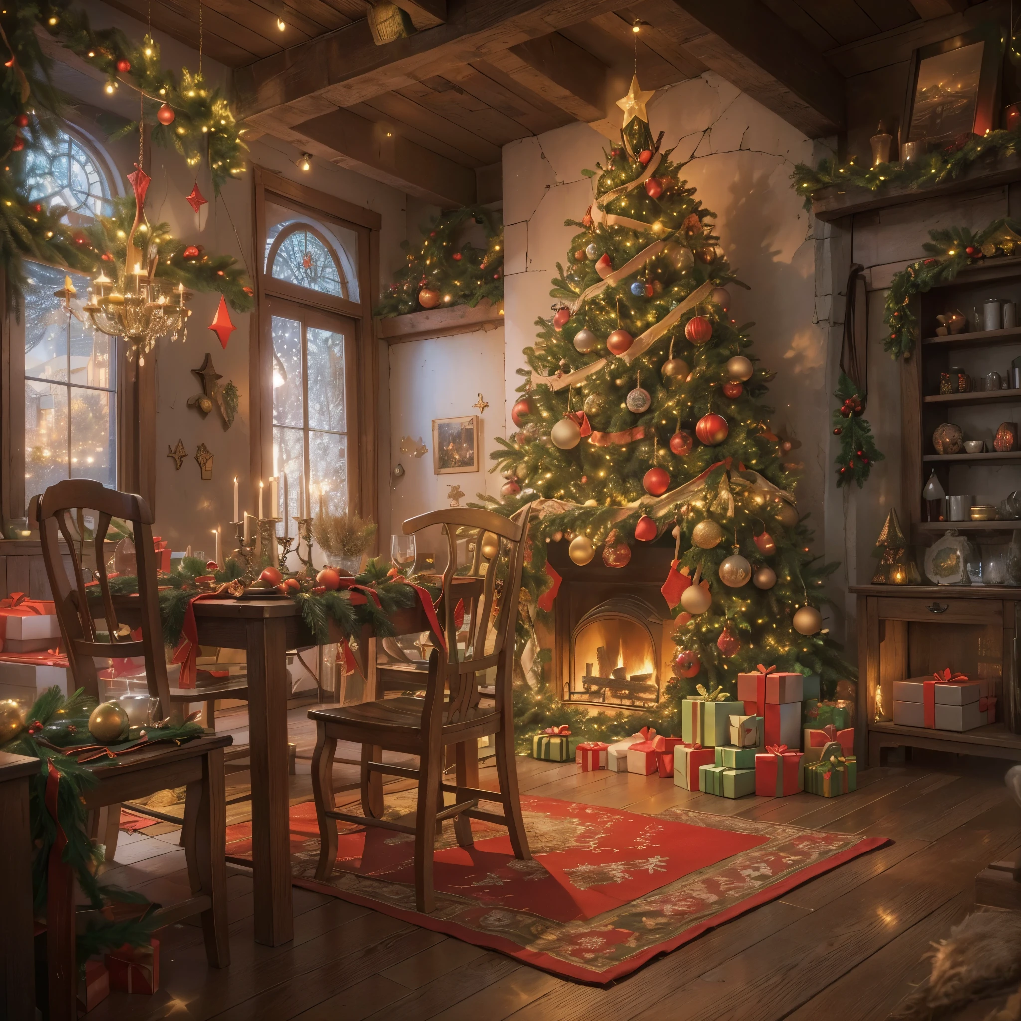 (tmasterpiece:1.2), ultra - detailed, (actual, realistically:1.37), Vibrant colors, Magical atmosphere, Whimsical, ((sky full of stars,The North Star shines)),(Use an illustration style), (European style interior house、Christmas decorations、The fireplace is warm、Lanterns hanging on the stairs、Gifts wrapped in colorful under the Christmas tree、pile of gifts on the floor、wooden floor、Decorated pine tree、镶wooden floor、mantel、red and green、Christmas atmosphere、traditional christmaestive atmosphere、chaleureux、joyeux Noel、gift tag、Christmas wreath、decorations、metal ribbon、Christmas tree lights、Confectionery,Gingerbread Man,lamplight)、(房间布置得有浓浓的Christmas atmosphere. A string of shining colored lights hangs on the wall, 窗台上放着Christmas wreath和小雪人, In the corner of the room stands a beautifully decorated Christmas tree). (On a table, There are beautiful cutlery and red plates. In the center of the table, Have a sumptuous Christmas feast, Next to it is a bottle of red wine and two exquisite wine glasses, Brings warmth and comfort to the entire room). (Ghibli-style colors, first person perspective, hyper HD, tmasterpiece, acurate, Anatomically correct, ctextured skin, super detailing, high detal, high qulity, Award-Awarded, Best quality at best, 8K))), hyper realisitc的, Psychedelic, Complicated details, Beautiful texture, Ethereal, like a dream, Soft glowing light, Charming Patterns, Fantasy creatures, Hidden surprises, dreamlike landscapes, hyper realisitc的 color palette, Mystic aura, hyper realisitc, Enchanting journey, psychedelic trip, vivid imagination, immersive experience, mysterious creature, otherworldly charm, glowing paths, Light up a magical Christmas, hyper realisitc的天空, Whimsical theme park, a magical encounter,Fascinating artwork,(Ultra-high saturation,Bright and bright: 1.8), (Ultra-high saturation,Bright and bright: 1.8)