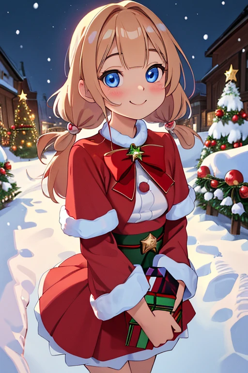 tmasterpiece, Best quality at best, ultra - detailed, illustratio,1个Giant Breast Girl, looking at viewert, Best quality at best,depth of fields,(Keep your mouth shut,light smile,eBlue eyes:1.1),Beautiful and detailed light , Alice Margatroid, cute, Christmas, gifts, night, snow yard, holding gifts, small breasts, young, , in red Christmas style clothes