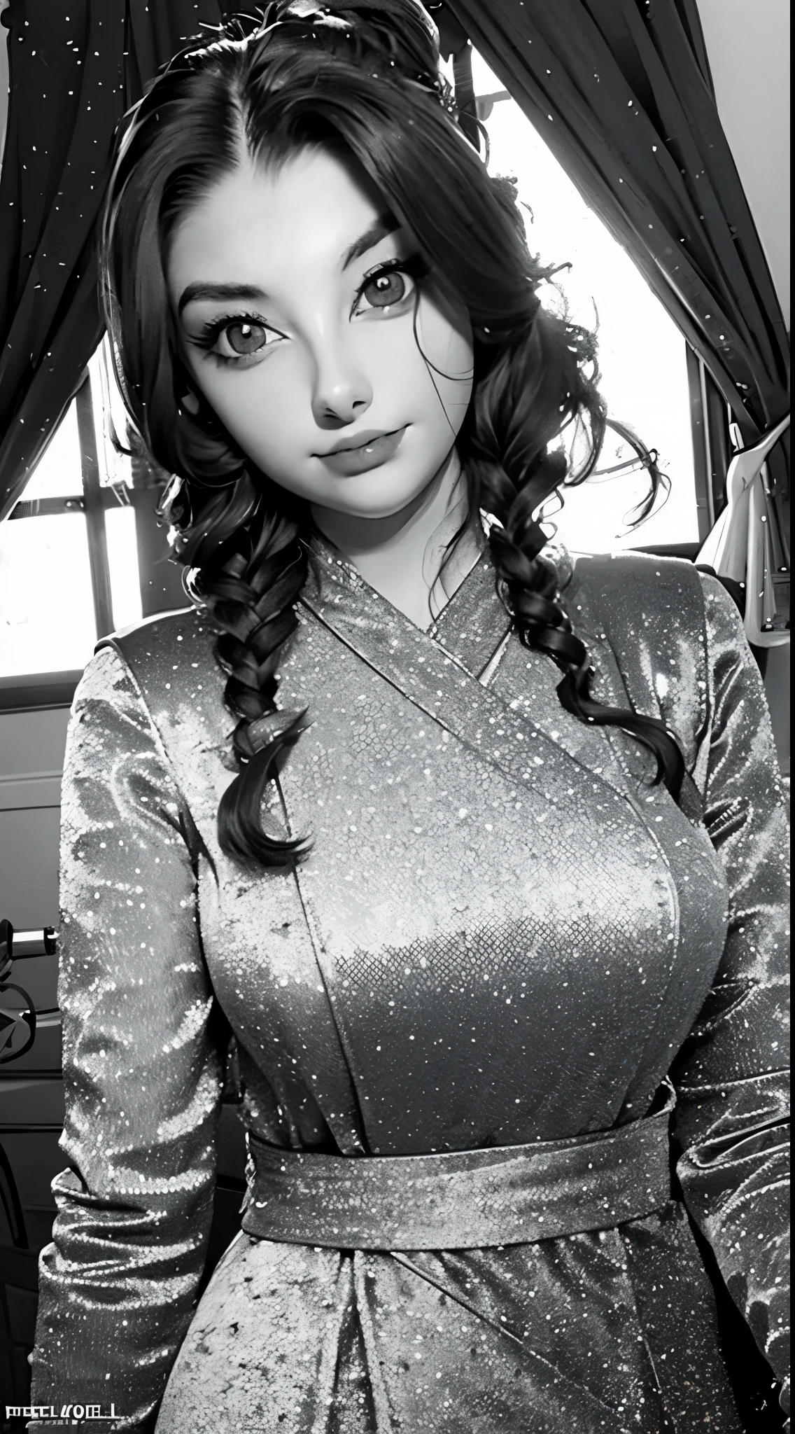Shot from above、Monochrome tone、High Detail、Edge Detection、sharpness、High contrast、Highlight、A beautiful young girl、a small face、a small face、cleavage of the breast、Off-the-shoulder dresses、 dress、Rim Lights、Cinematic Light、ultra-wide-angle、