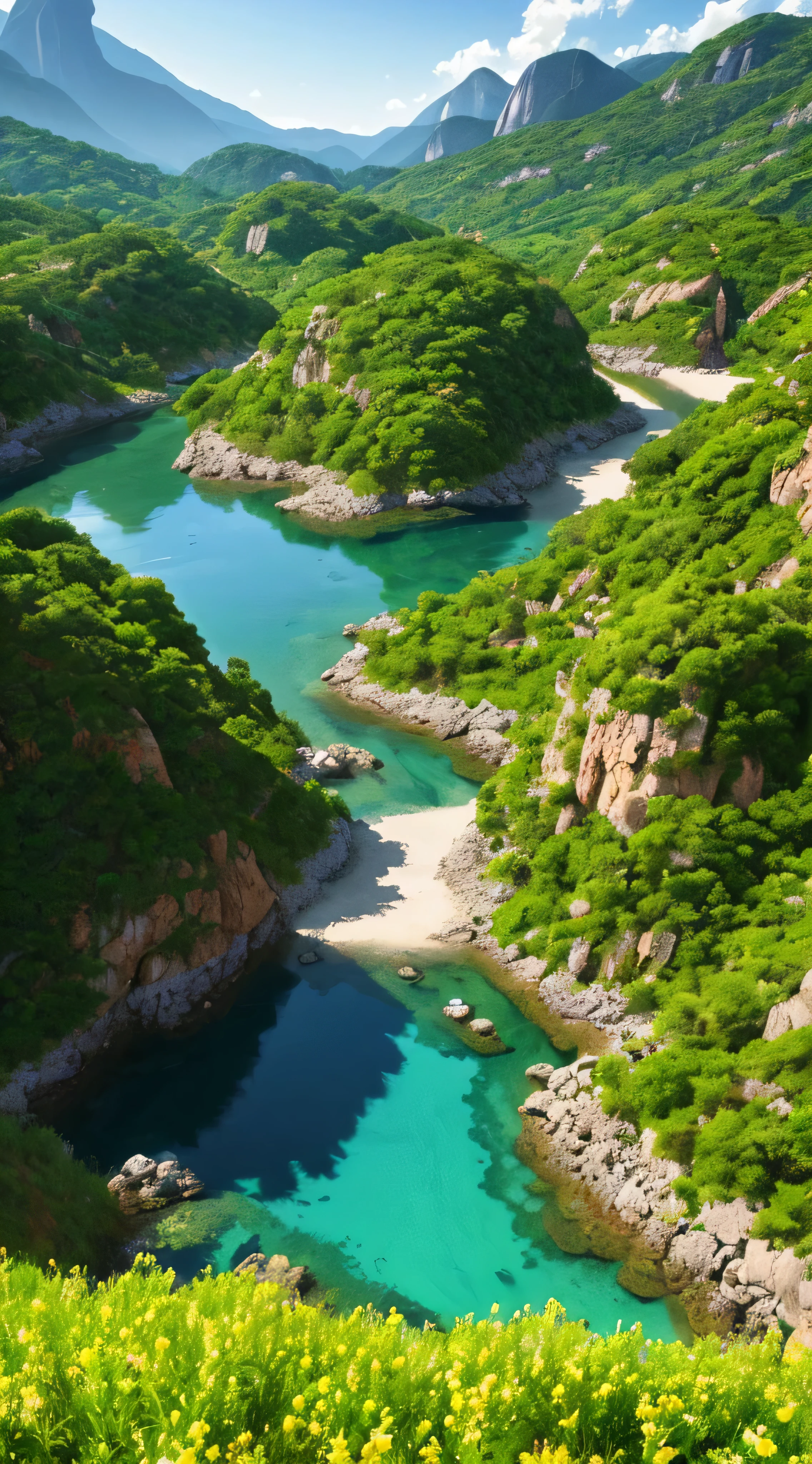 an ultra-realistic landscape of a planet from another dimension with plants of different colors, um rio de cor roxa.