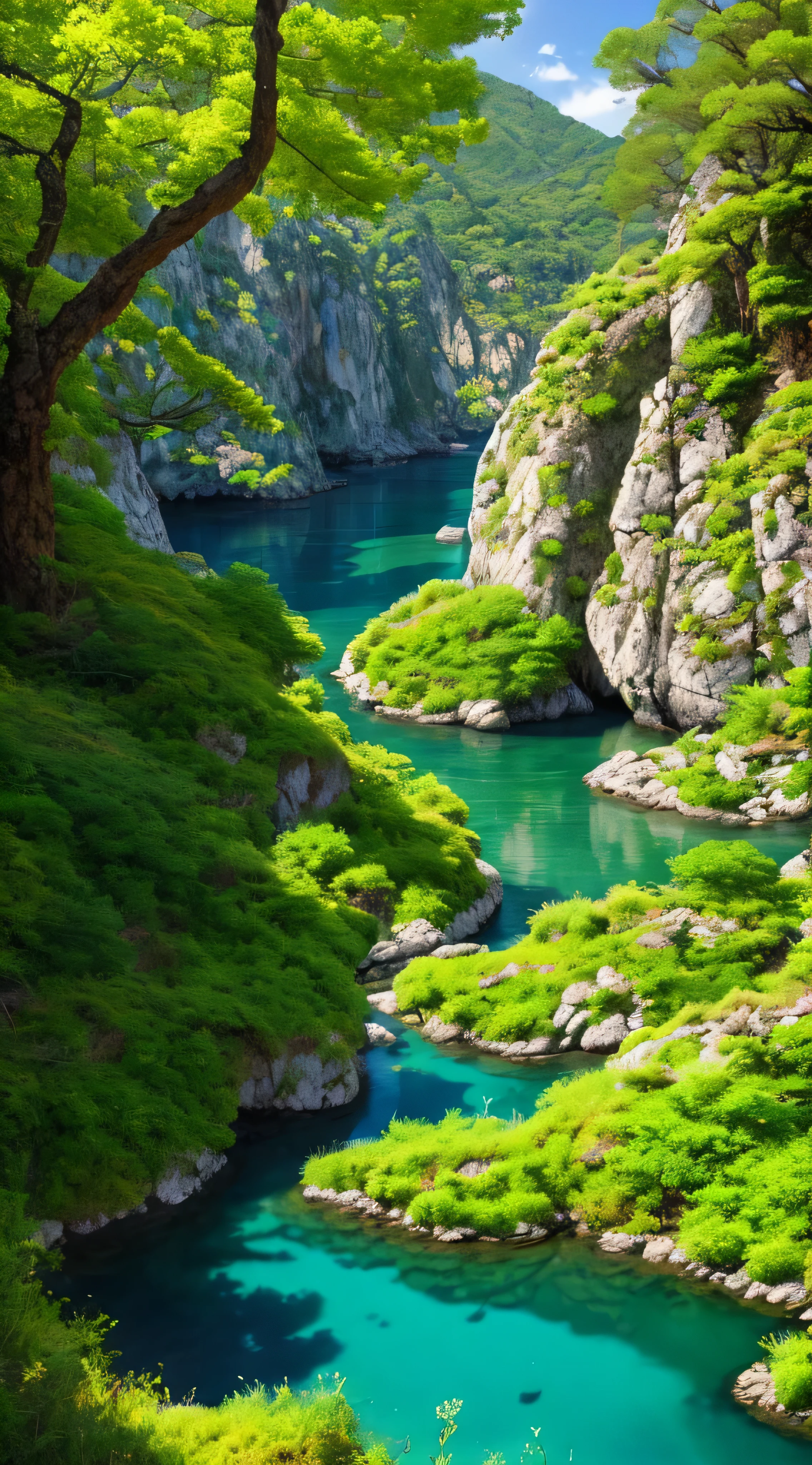 an ultra-realistic landscape of a planet from another dimension with plants of different colors, um rio de cor roxa.