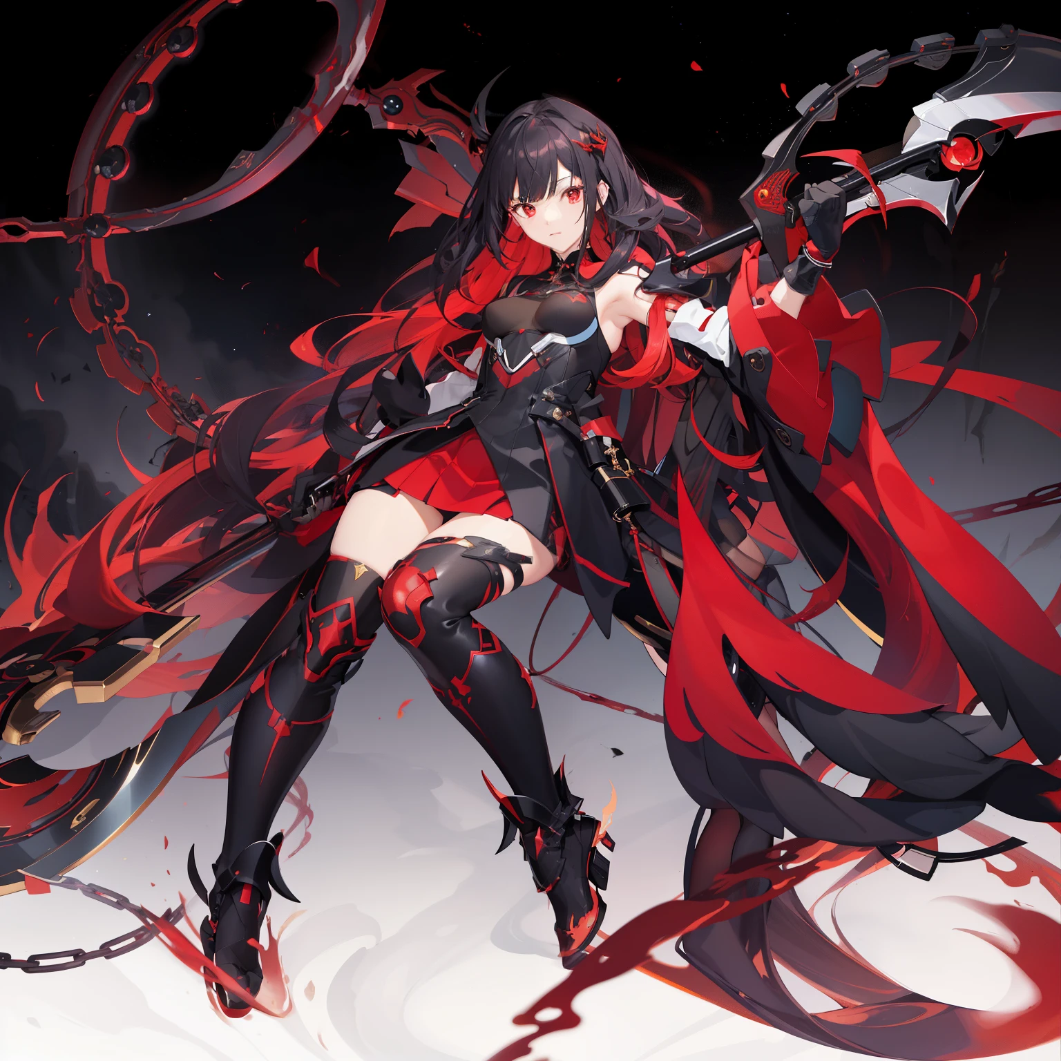 1girl, tall, medium chest size, red and black clothes, back length black with red inside hair, red eyes, holding a black and red scythe with eyeball, red fire, red flames, wallpaper, landscape, blood, blood splatter, depth of field, night, light particles, light rays, sidelighting, thighs, honkai impact, Veliona, semi transparent high neck top, tech gloves, skirt, thigh high tech shoes