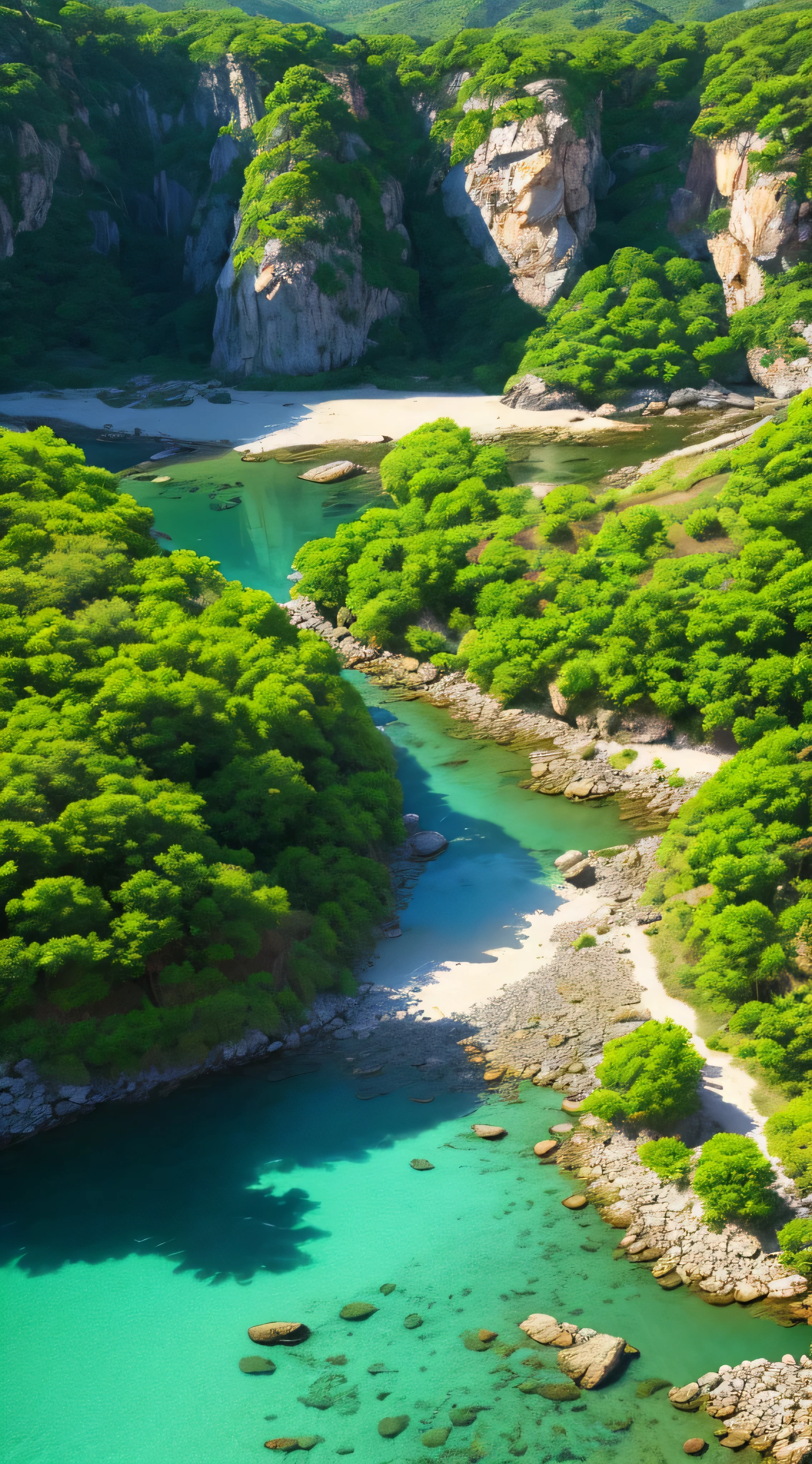 an ultra-realistic landscape of a planet from another dimension with plants of different colors, um rio de cor roxa.