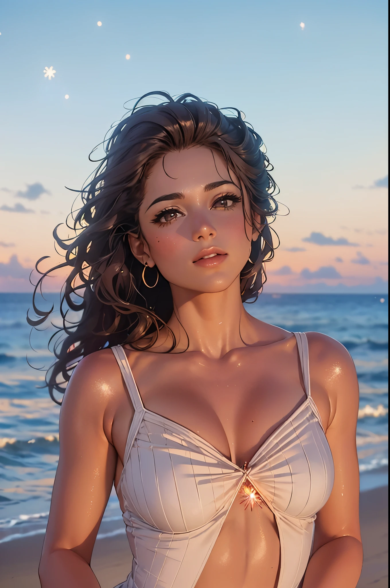 arafed woman with curly hair standing on a beach near the ocean,(Fireworks in the vast night sky:1.5),(top-quality,8K,32K,​masterpiece,nffsw:1.3),(Photorealsitic:1.4),Raw photography,Wide Angle,hair adornments,Elegant Pose,skyrocket,Fireworks glare,depth of fields,lensflare,