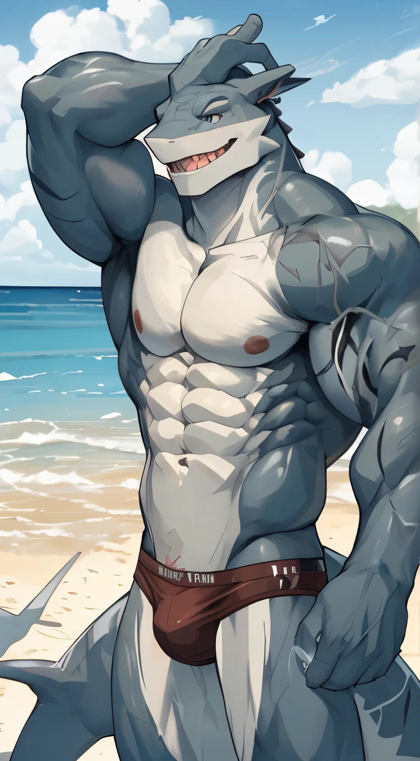 4k, high resolucion, Best Quality, Masterpiece, shark, male, youthful, Muscular, Muscular with veins, Sexy Muscular, protruding panties, Beach