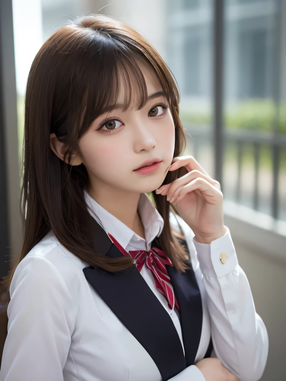 masutepiece, Best Quality, Illustration, Ultra-detailed, finely detail, hight resolution, 8K Wallpaper, Perfect dynamic composition, Beautiful detailed eyes, Natural Lip,Blazer ,School uniform, Big breasts, Full body