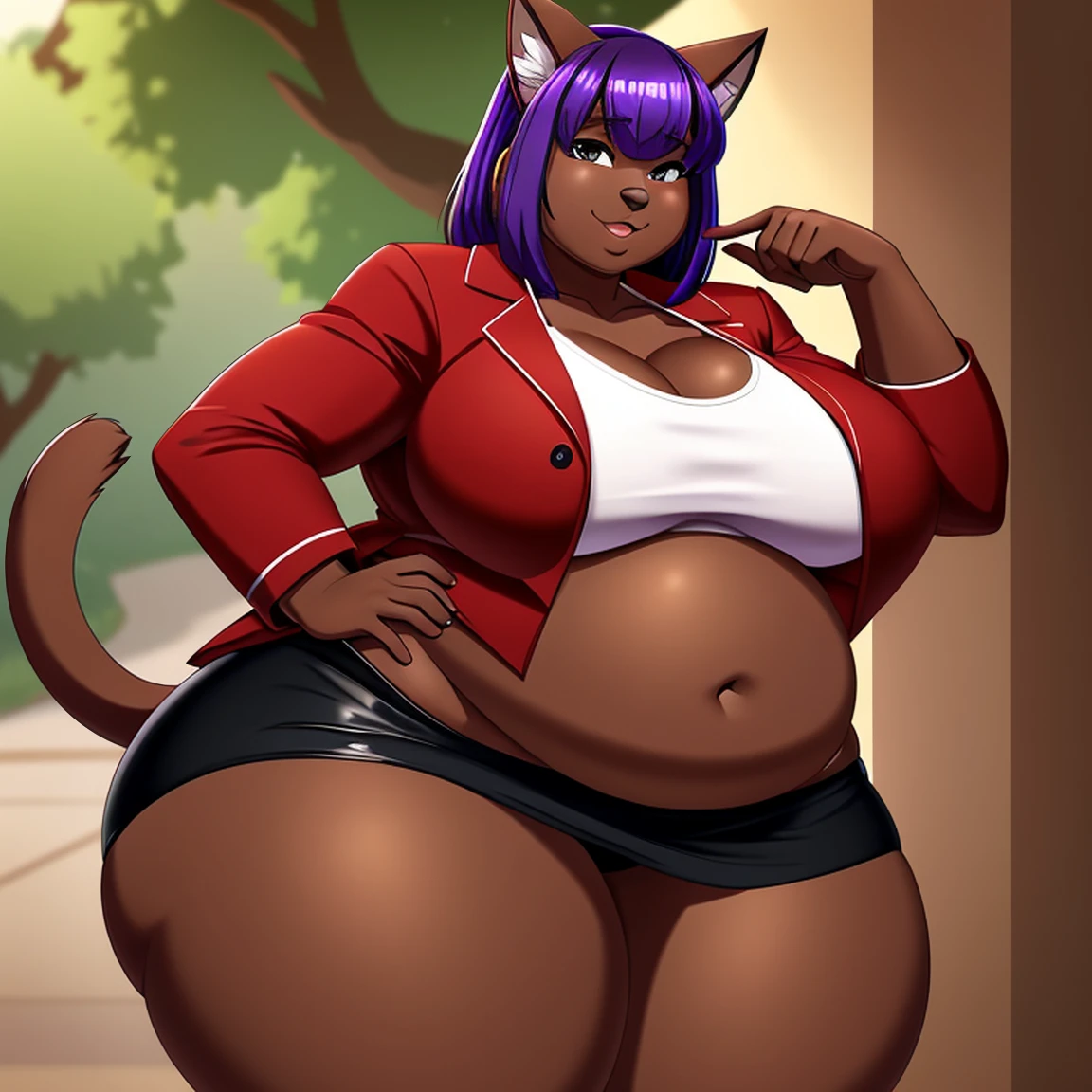1girl, solo, Anthro, furry, cat girl, purple hair, ((dark skin)), ((dark skinned female)), ((red business suit)), cat ears, ussbbw, insanely inflated hips, insanely inflated belly, ussbbw weight gain, obese, insanely inflated thighs, fat rolls, fat arms, fat legs, tall, tail, midriff, mini skirt, navel, shiny skin, insanely wide thighs, cleavage, ((widest possible thighs)), ((inflated thighs:1.10)), thigh bulge