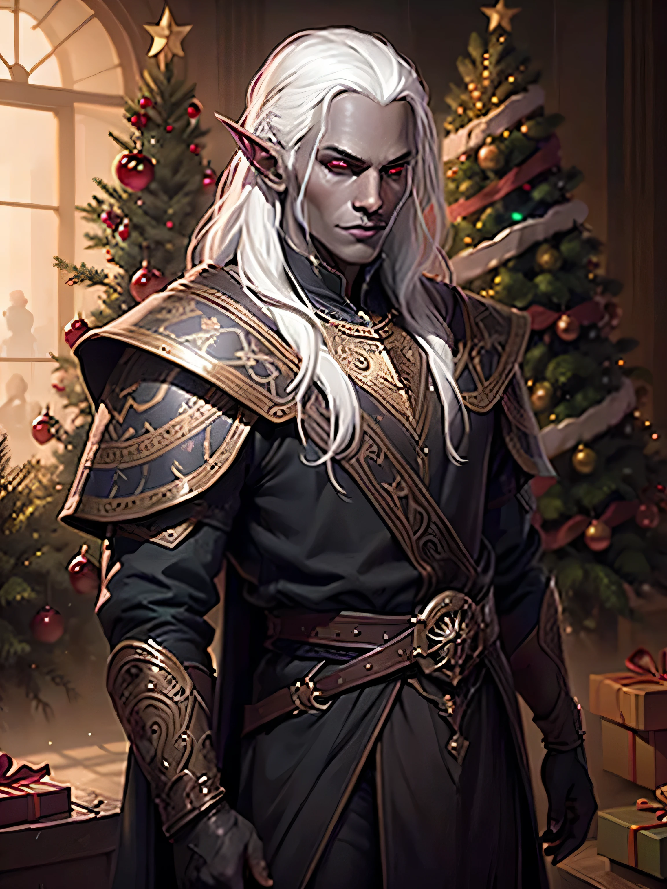 Drow elf with gray skin and red eyes, white colored hair, Christmas tree, Garland, presents, , minimal smile, hyper-detailing, clipart, album elements, historical takeover, Cinematic, Editorial, Highly detailed, bright colours, beautifully lit, professional photorealism, Artstation, Butter