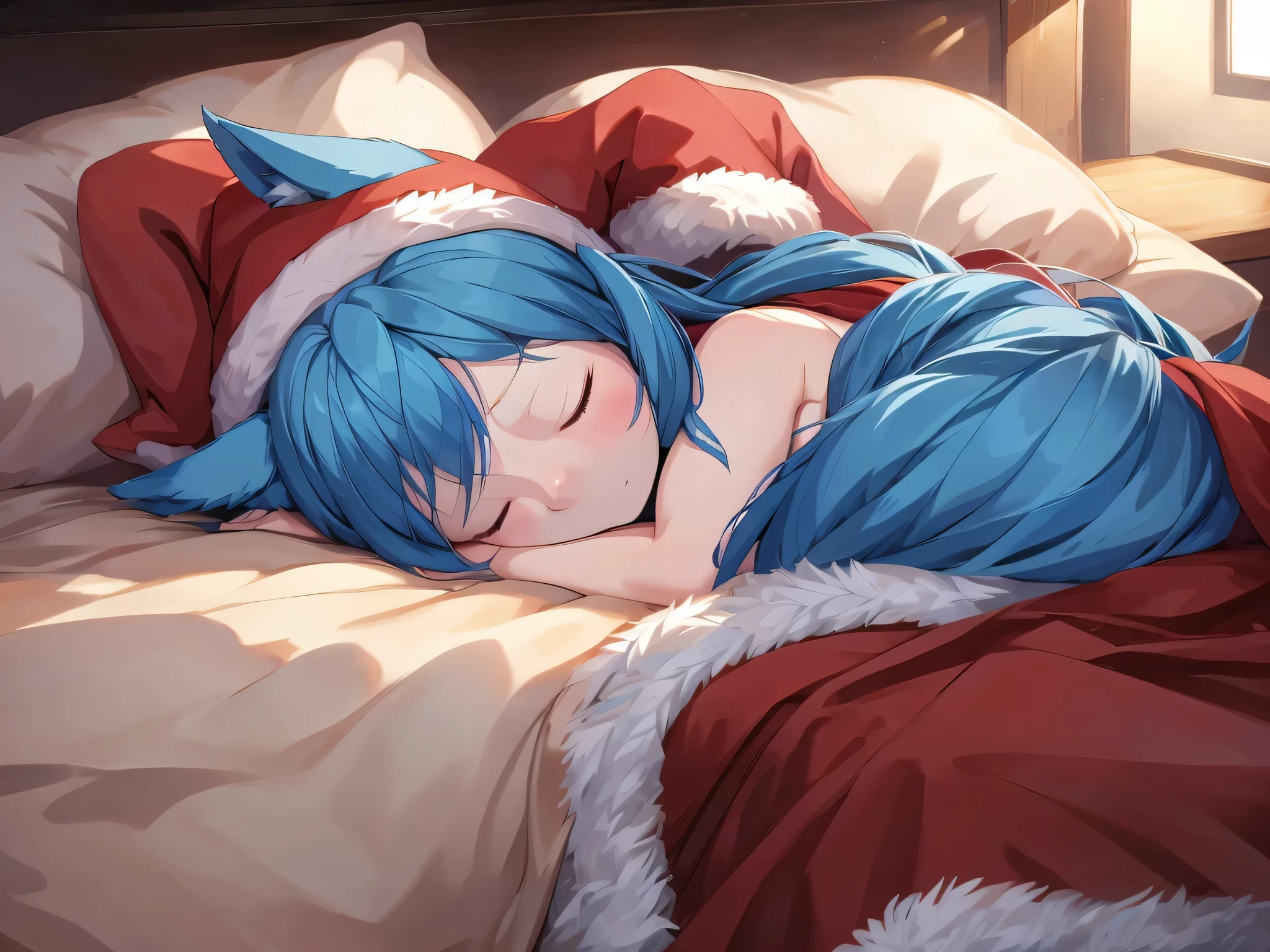 (Masterpiece) (High Detail) (High Res) A close up of a short petite humanoid girl with pale human skin and closed eyes and long blue hair and blue dog ears and a big fluffy dog tail and small average breasts is laying on her side in bed asleep. She is asleep. Her eyes are closed. Covered by duvet. She is wearing a Red Santa Hat.