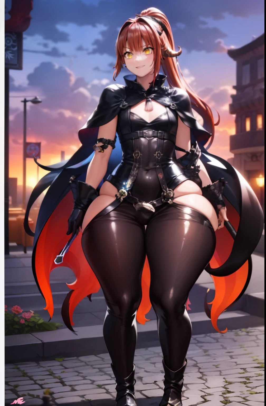 （tmasterpiece：1.3），（best qualtiy：1.3），8K，.((1boy))，((Orange hair))，hair with hot Pink streaks, hair in ponytail,yellow eyes, standing on your feet,bottomheavy,hyper thighs,gigantic ass, Handsome, Mischievous smile,namielle armor, alphaset, CuteTraps