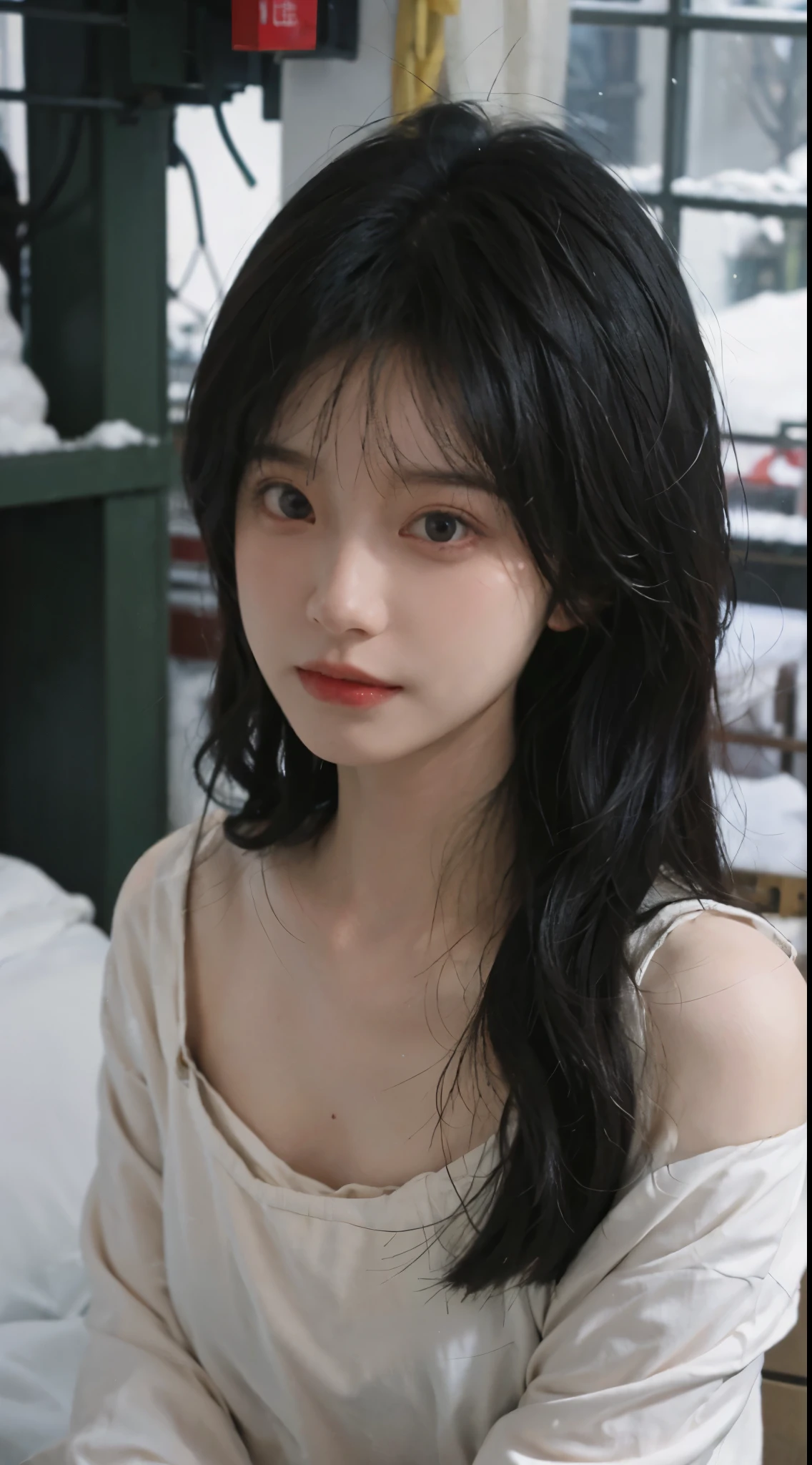 best qualtiy, 超高分辨率, (realisticlying:1.4), Girl, A pair of eyes as clear as snow,Royal sister,Black long straight,校服, looking at viewert, closeup cleavage ,