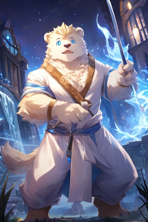 white bear,male people,tall.well-muscled,skinny body shape,Blue eyes,a blond,white robes,Sorcerer,With a long cane,fantasy worlds,Medieval cityscape,Looking at the camera,Gentle expression,in fighting,Unleash the magic