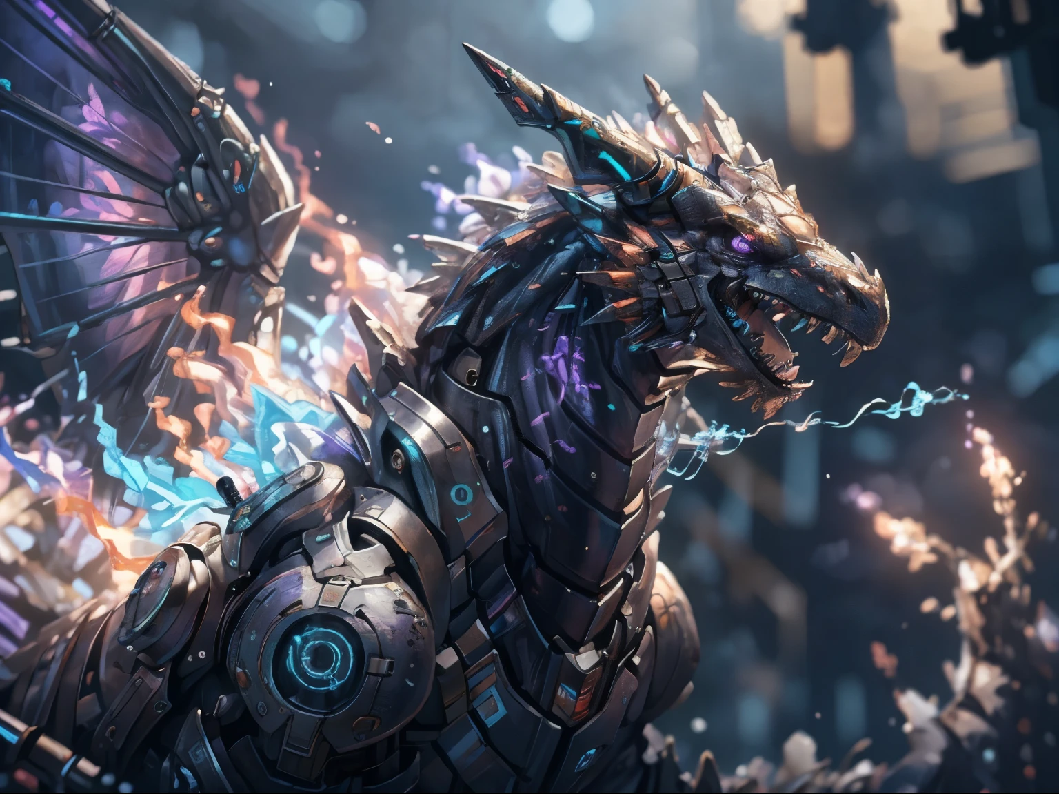 (robotic black and red dragon),(masterpiece, Extremely detailed, 8k, photorealistic,UHD,best quality, highres:1.3),robort,(photorealistic:1.2)(dept of field:1.2),dof, absurdres, (realistic:1.5),fine detail, HDR, perfect illumination, distinct, , (open mouth),(cybernetic body),(fangs:1.2),(post-apocalyptic lanscape:1.2), wings, (claws),cyberpunk,electronic part,(breathing purple_fire:1.3),detailed eyes,
film grainy, insane details, intricate details, hyperdetailed, unreal engine, trend on artstation,highly detailed,science-fiction,futurist,
(mechanical),