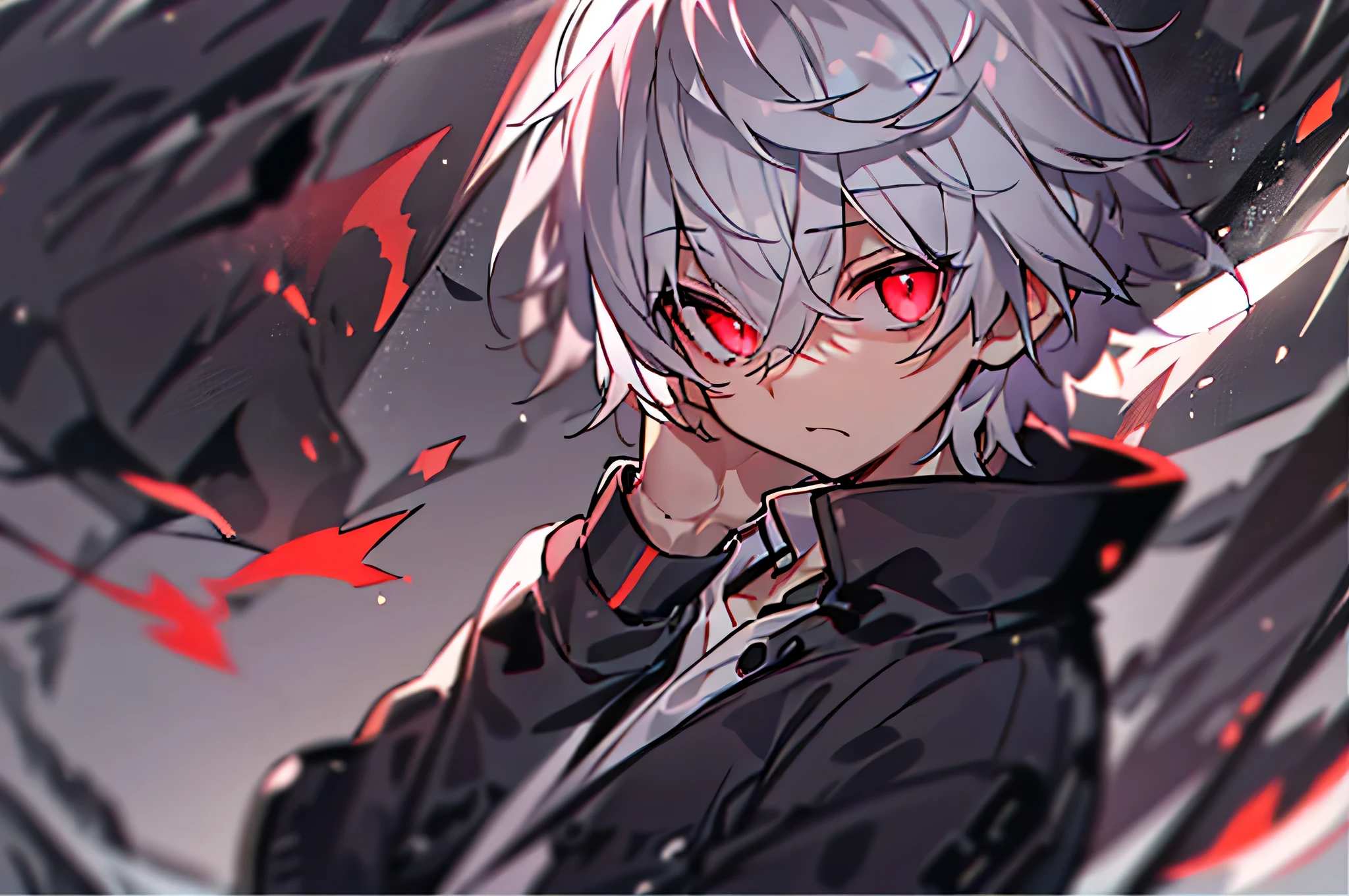 hight resolution,close range、Anime boy with white hair and red eyes staring at camera, Glowing red eyes,slim, dressed in a black outfit,Shadow Body,Brown skin、monochromes,hair messy,Impatient、suprised、Diagonal angle