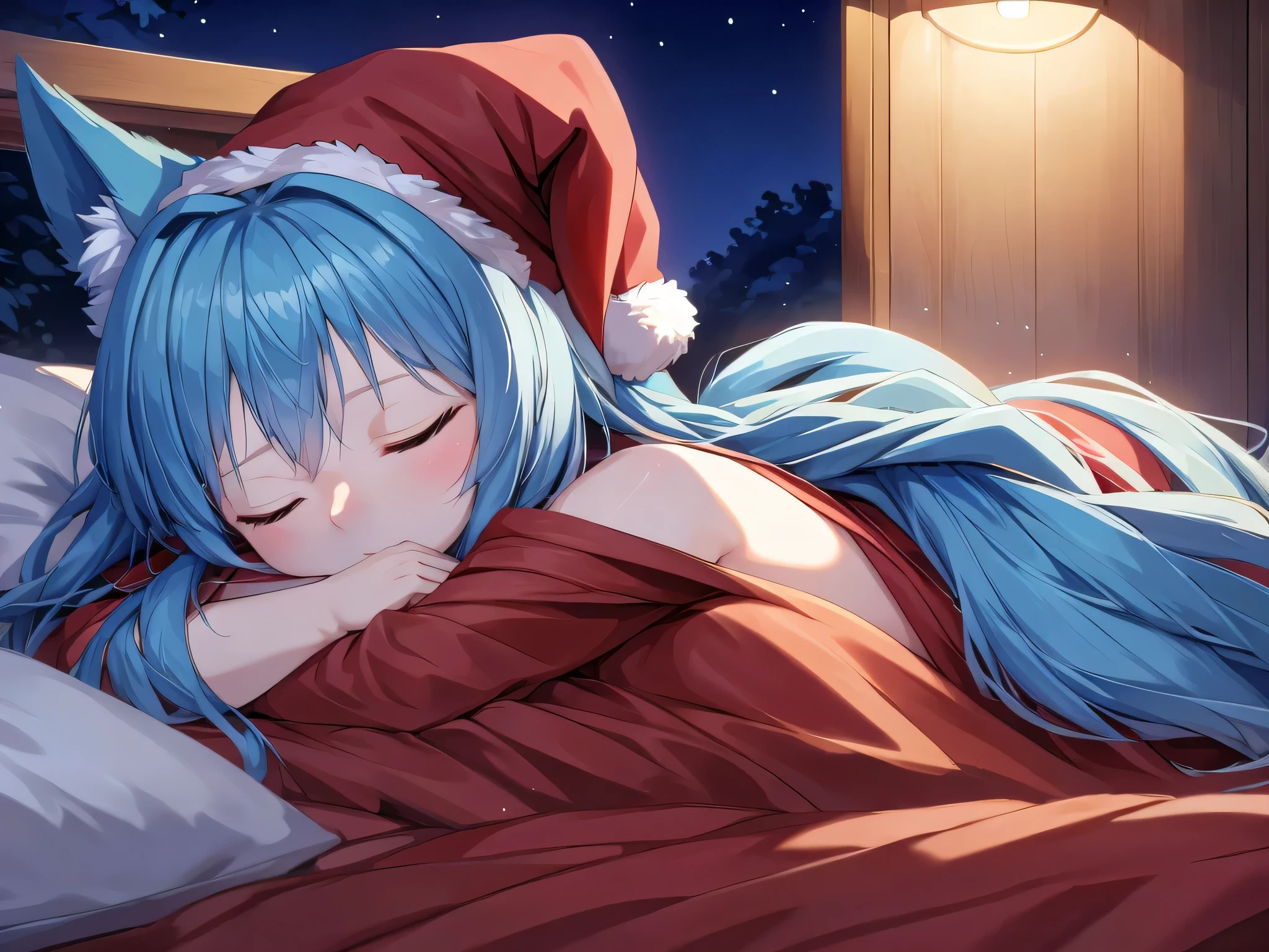 (Masterpiece) (High Detail) (High Res) A close up of a short ite humanoid girl with pale human skin and closed eyes and long blue hair and blue dog ears and a big fluffy dog tail and small average breasts is laying on her side in bed asleep. She is asleep. Her eyes are closed. Covered by duvet. She is wearing a Red Santa Hat. Night time.