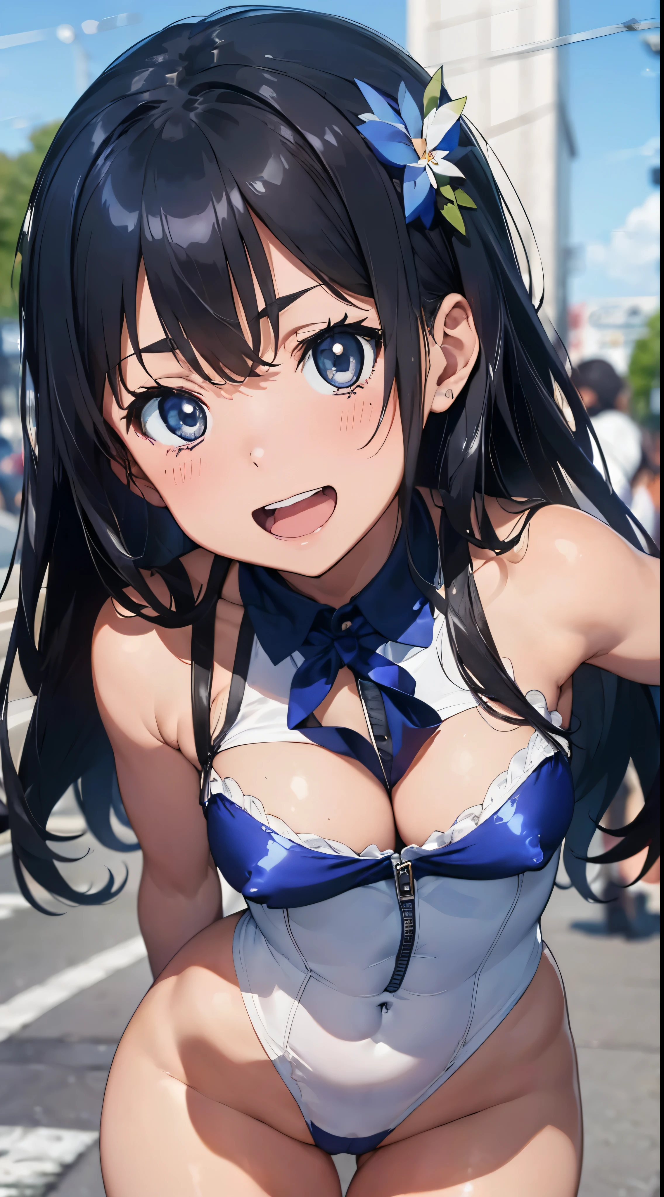 1womanl,Black hair,years ,((Impatient expression)),Beautiful breasts,(((Sexy magical girl white and blue shiny bodysuit)))(())(((Blushing cheeks、Smile with open mouth)),(((Satin Narico))),((( portlate))),we have blue eyelashes)))(Wet with sweat)Street,Crowds(magical girl hair ornament)