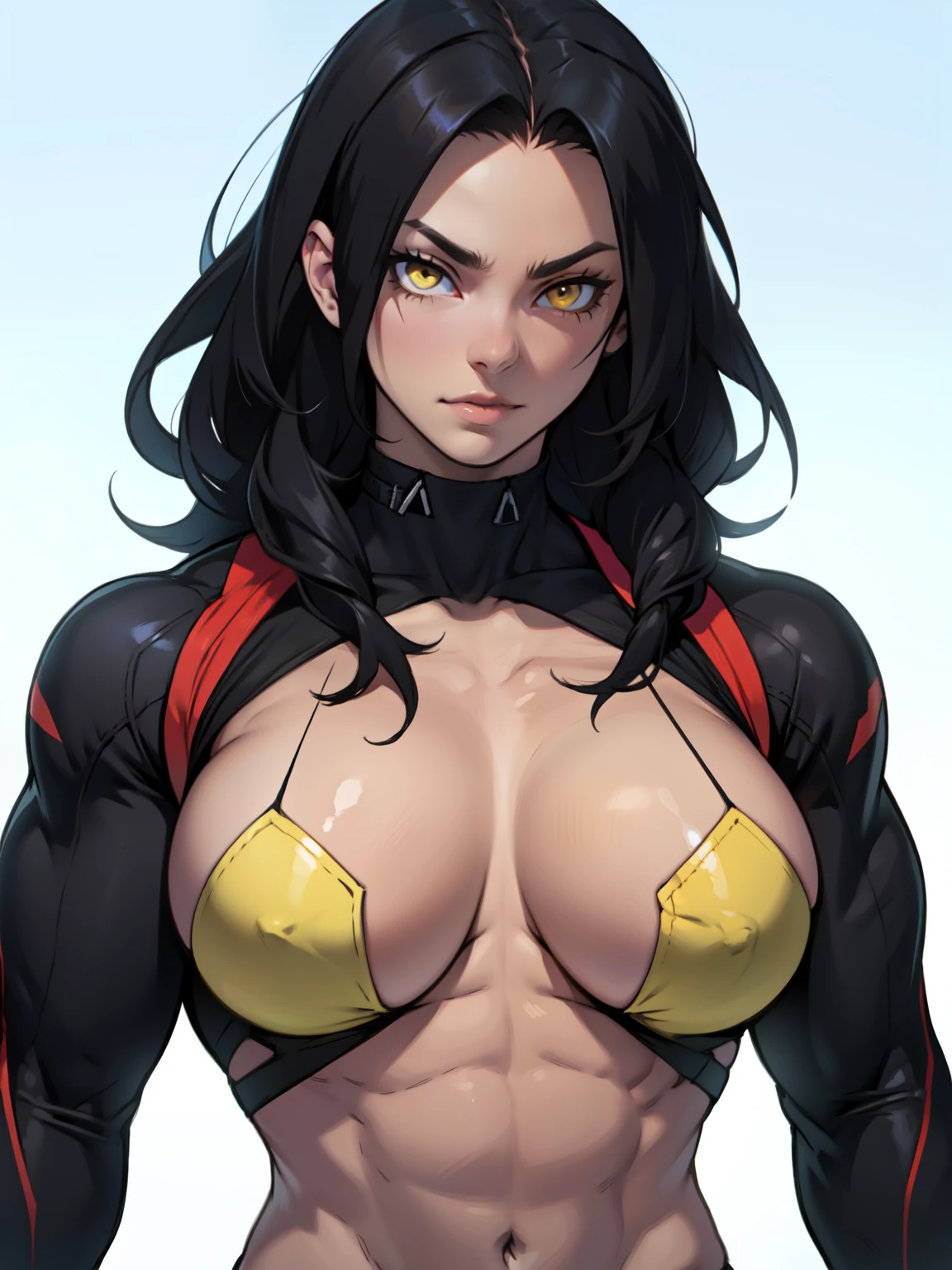 massive breasts perfect anatomy muscular girl toned body black hair yellow eyes solo