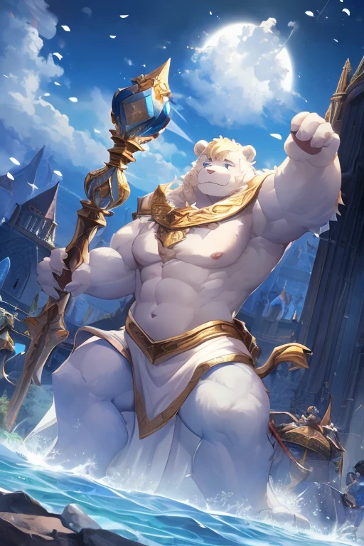 white bear,male people,tall.well-muscled,skinny body shape,Blue eyes,a blond,white robes,Sorcerer,With a long cane,fantasy worlds,Medieval cityscape,Looking at the camera,in fighting,Unleash the magic
