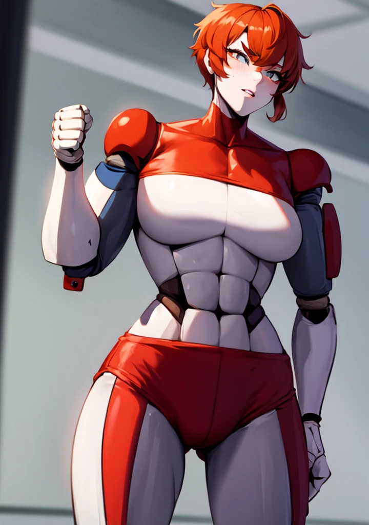 a cartoon picture of a muscular robot female boxer wearing red boxing gloves, and flexing her biceps, bicep pose, gynoid, robot girl