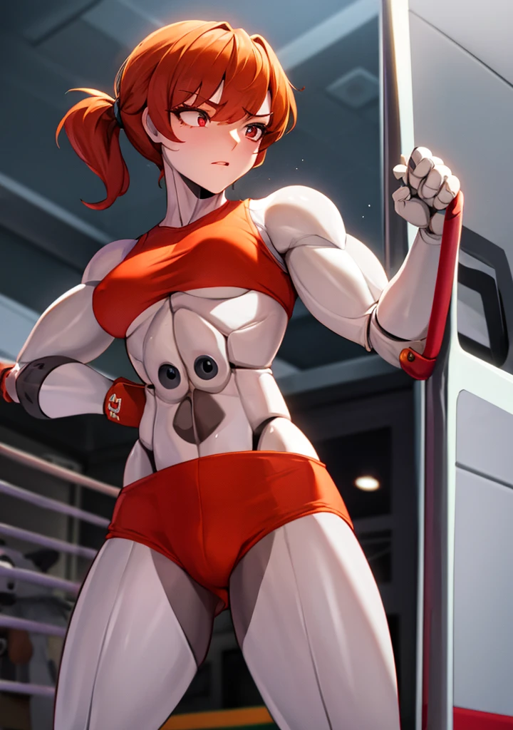a cartoon picture of a muscular robot female boxer wearing red boxing gloves, and flexing her biceps, bicep pose, gynoid, robot girl