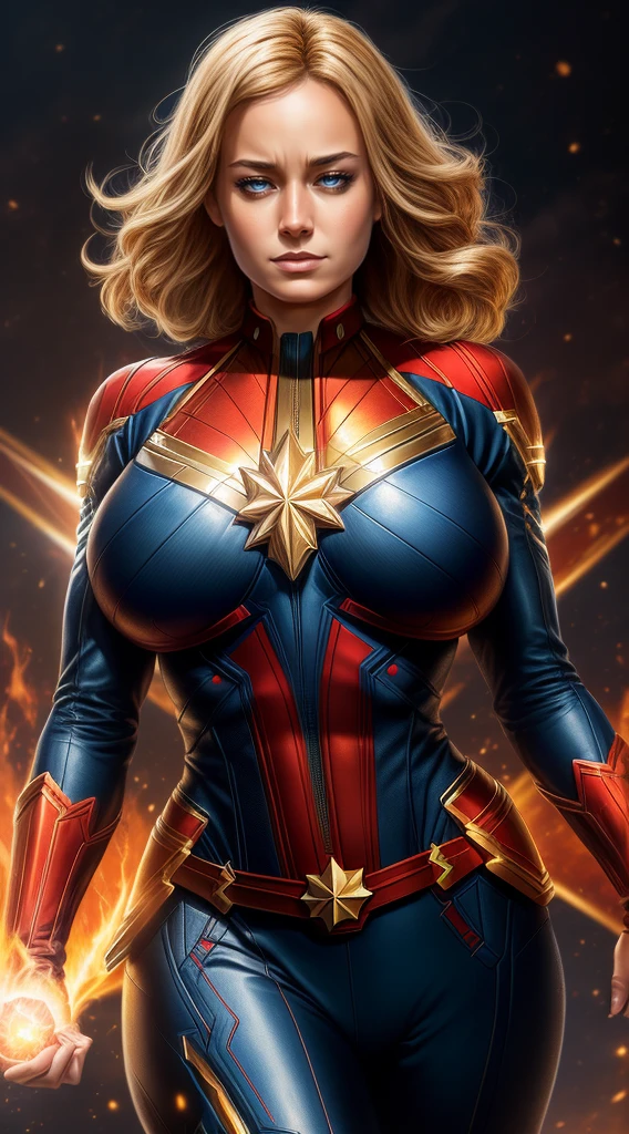 (Best Quality, masterpiece, ultra-detailer, 16K resolution, extremely detailed), tarot card, Digital Painting, character concept art portrait, Captain Marvel, full body, (gigantic breasts:1.5), catastrophe,