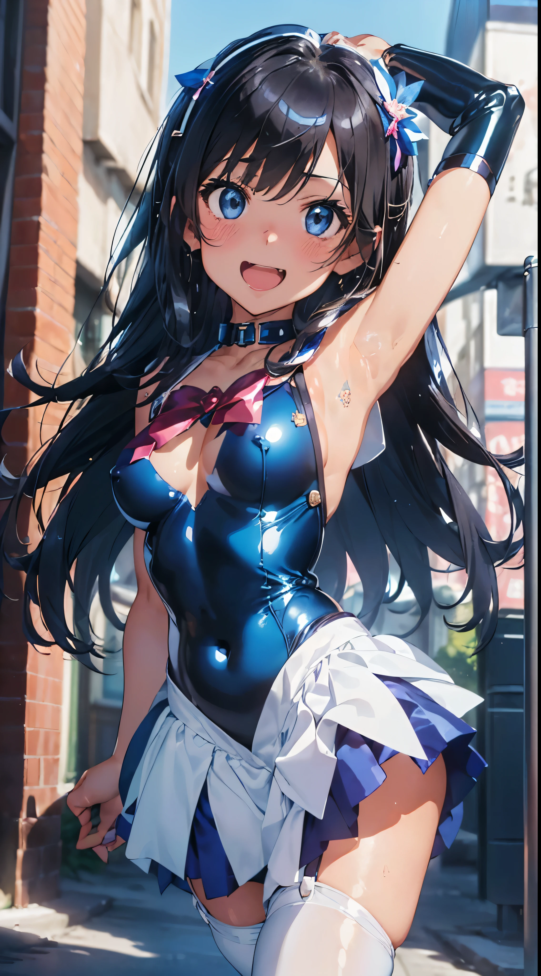 1womanl,Black hair,years ,((Impatient expression)),Beautiful breasts,(((Sexy magical girl white and blue shiny bodysuit and microskirt)))(())(((Blushing cheeks、Smile with open mouth)),(((Satin Narico))),((( portlate))),we have blue eyelashes)))(Wet with sweat)Street,Crowds(magical girl hair ornament)