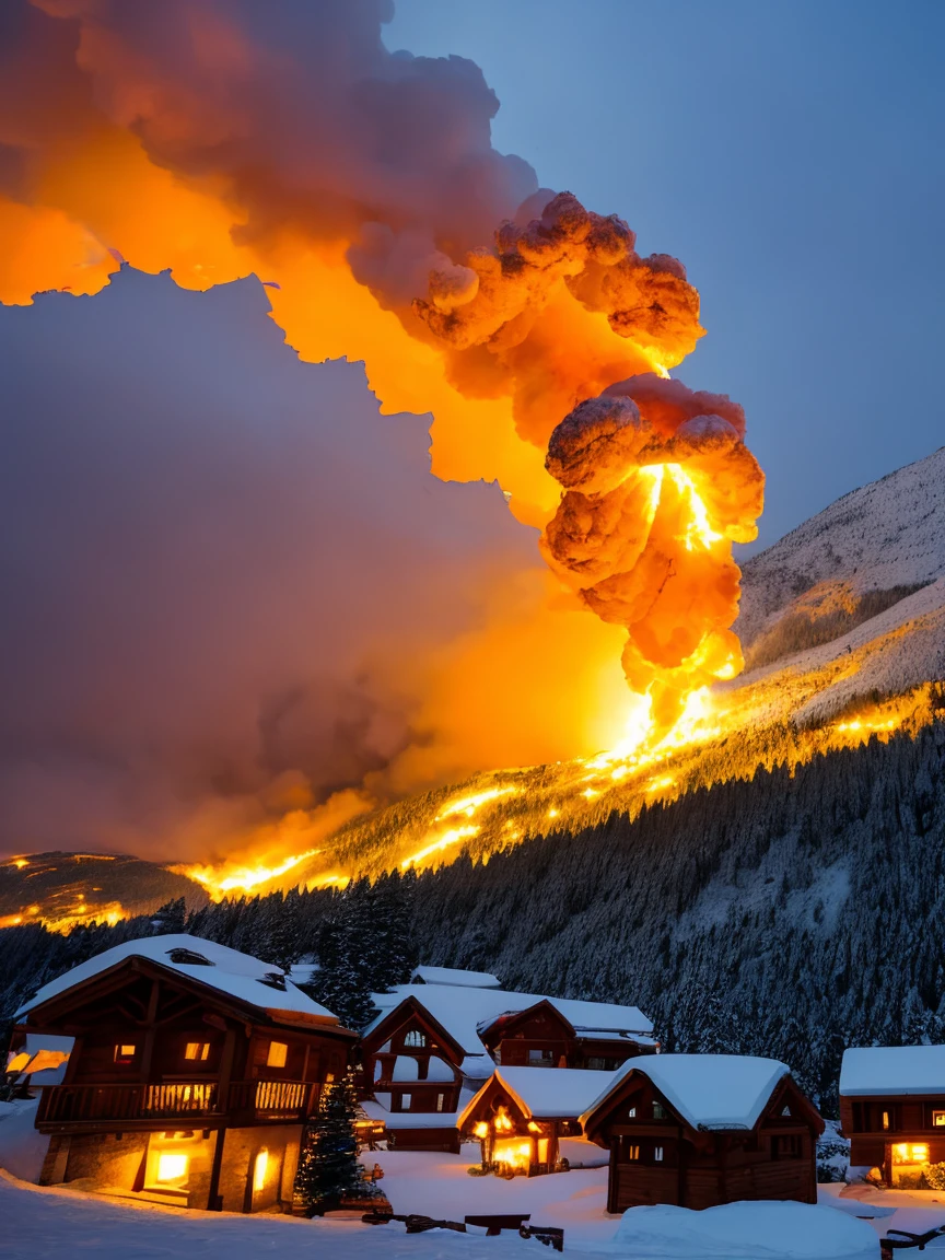 There is a huge firebreahing dragon breathing a huge plume of fire into the sky in the foreground.  He is flying over a small medieval mountain village at night in the moonlight covered in snow decorated for Christmas. Dozens of lit Christmas trees throughout the town. There is a wild winter snowstorm blowing down from the mountain. Snow is falling heavily into the town.