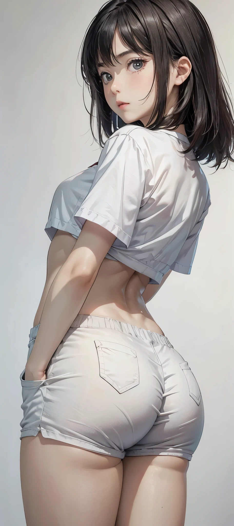 Adorable Girl . Very Kawaii , Round Face . Solo , Slim , Medium Breasts , Short Stature . Glossy Skin . Plain White T-shirt . Booty Shorts . Dynamic Pose . Dynamic Angle . No Background , White Background , looking at viewer