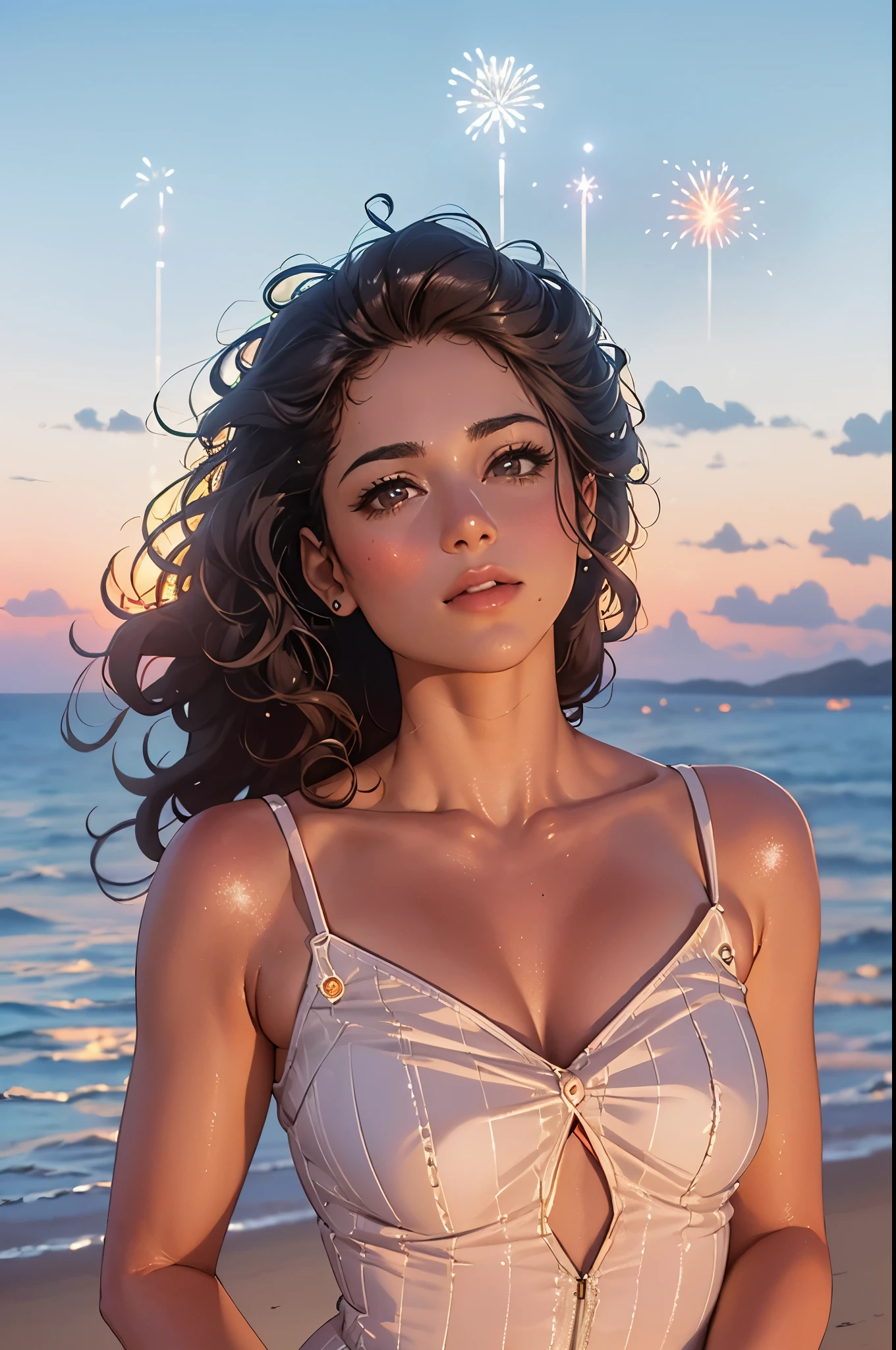 arafed woman with curly hair standing on a beach near the ocean,(Fireworks in the vast night sky:1.5),(top-quality,8K,32K,masterpiece,nffsw:1.3),(Photorealsitic:1.4),Raw photography,Wide Angle,hair adornments,Elegant Pose,skyrocket,Fireworks glare,depth of fields,lensflare,