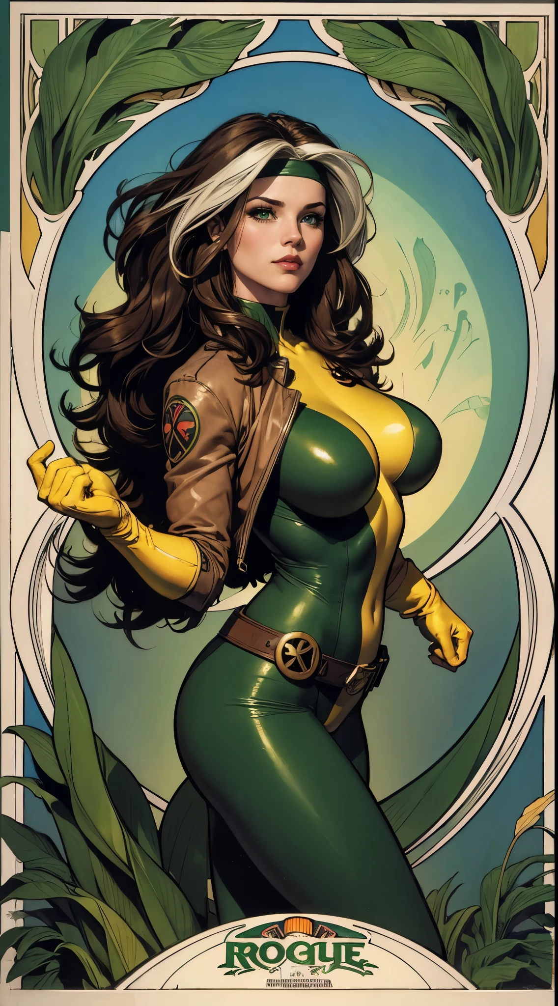 (masterpiece:1.0), (best_quality:1.2), Classic Rogue, 1991 Rogue X-Men, 1 girl, Only 1, full body view, medium length hair, brown hair, wavy hair, messy hair, one lock of white hair, green eyes, mischievous look, smirking, fit figure, curvy figure, medium breasts, lipstick, makeup, jacket, headband, belt, yellow gloves, skin tight bodysuit, open jacket, light source from above, (realism: 1.5), (Realistic: 1.4), (Absurdity:1.4), 8k, ultra-detailed, Detailed Beautiful Woman, (Art Nouveau style), influence by John William Waterhouse and Alphons Mucha, background colors of greens and golds