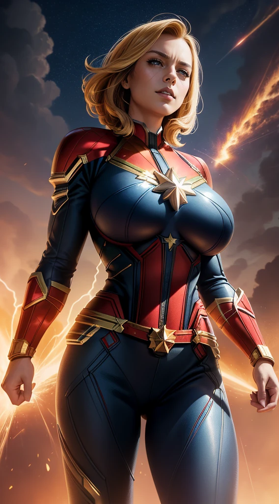 (Best Quality, masterpiece, ultra-detailer, 16K resolution, extremely detailed), tarot card, Digital Painting, character concept art portrait, Captain Marvel, full body, (gigantic breasts:1.5), catastrophe,