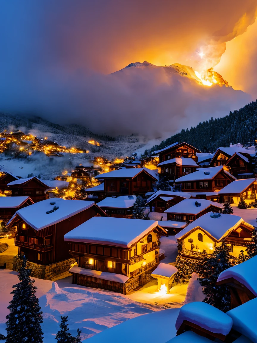 There is a huge dragon breathing a huge plume of fire into the sky in the foreground.  He is sitting on a rock overlooking a small medieval mountain village at night in the moonlight covered in snow decorated for Christmas. Dozens of lit Christmas trees throughout the town. There is a wild winter snowstorm blowing down from the mountain. Snow is falling heavily into the town.