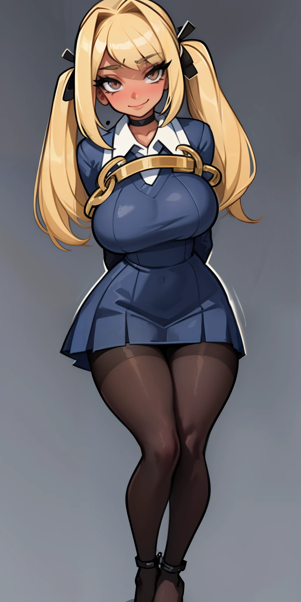 blonde, darkskin, gyaru, sly smile, huge breasts, school clothes, school uniform, bangs over eyes, masterpiece,best quality,1girl,mmplatz,twintails,twin drills,dress,blue pantyhose,striped pantyhose, Female, standing, straight, looking at viewer, handcuffs on their hands, with a collar around the neck, slave, ((black choker, shackles on legs and arms))