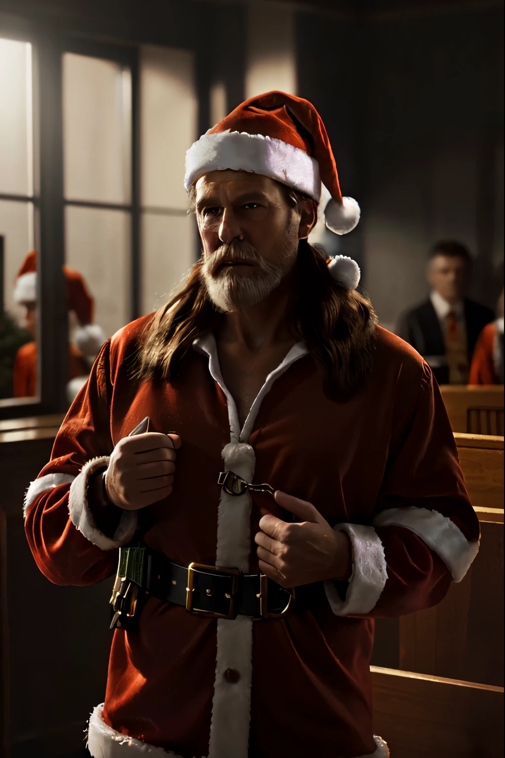 ((Santa Claus with handcuffs)), Photorealistic, (((dark courtroom))), (Christmas hat and orange prison suit))), Detailed skin, detailed body, pores, intricate detail, raw photo, lifelike rendering, immersive atmosphere, chiaroscuro, moody lighting, old man