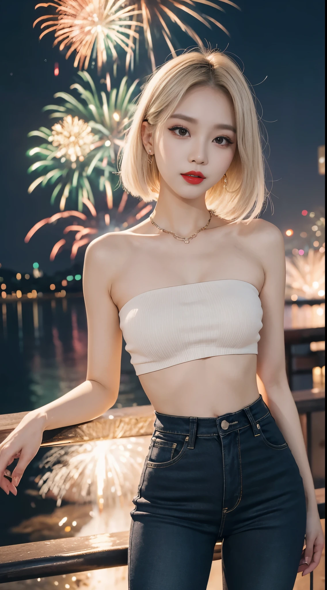 Beautiful Girl, Korean makeup, Platinum hair, thigh, Red lips, crop top, quần thigh jean bó sat, black pants, cảnh quang bên sông, fireworks,