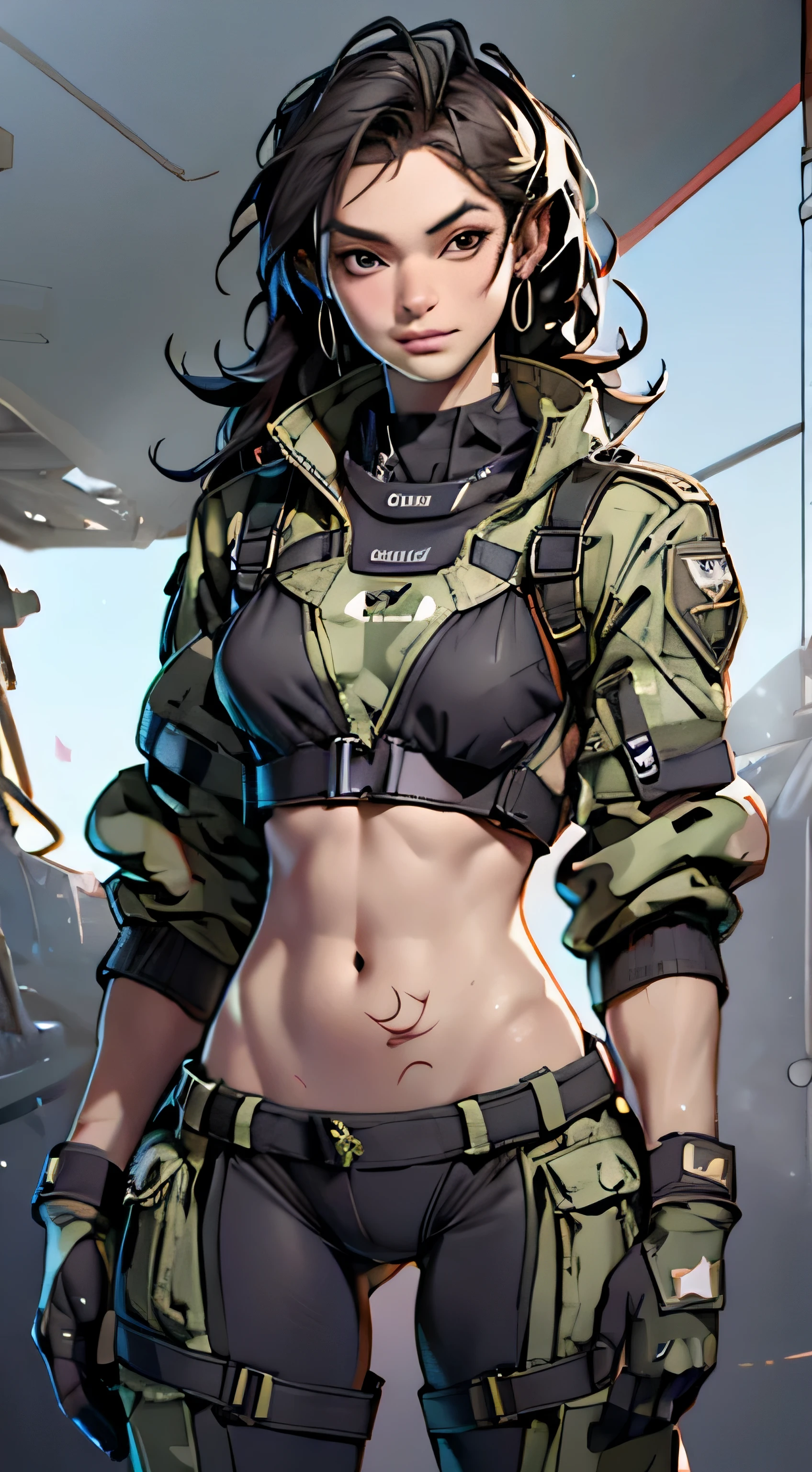 11:23(((Best quality at best: 1.4))),(Unbeatable masterpiece), (hyper HD),(Hyper-realistic 8k CG)、(dark colored hair) ((( body))), (((1 girl in))), 25-year-old American soldier with perfect body,,Beautiful and well-groomed face,muscular body:1.2,detailed solid color jacket, (Pictures from head to thighs), Complex equipment, Dark Green,long trousers,The clothes inside are dark,Clothes with armored metal electronic parts, Poison tattoos )