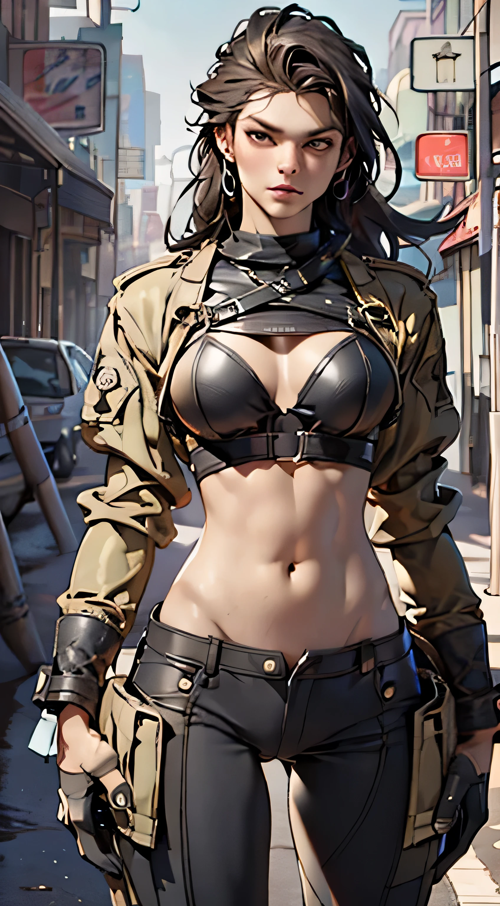 11:23(((Best quality: 1.4))),(Unbeatable masterpiece), (hyper HD),(Hyper-realistic 8k CG)、(dark colored hair) ((( body))), (((1 girl in))), 25-year-old American soldier with perfect body,,Beautiful and well groomed face,muscular body:1.2,detailed solid color jacket, (Pictures from head to thighs), Complex equipment, Dark Green,long trousers,The clothes inside are dark,Clothes with armored metal electronic parts, Poison tattoos )